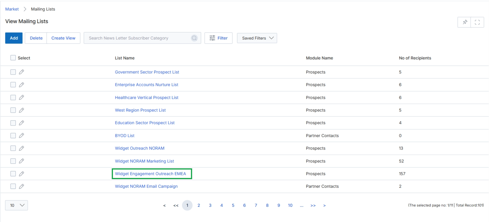 Click on a List Name record to open the View a Mailing List page.