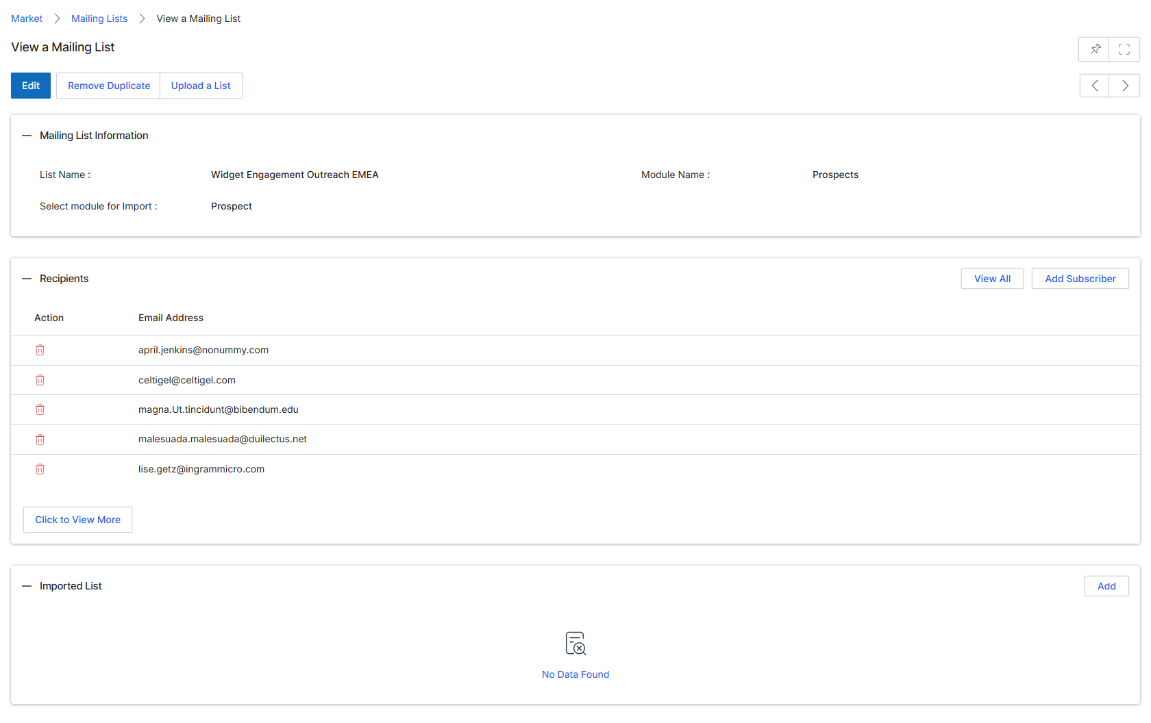 This screen displays the detailed view of a specific Mailing List within the Email Marketing Management section of the Market module. Mailing lists are fundamental for executing email campaigns, allowing vendors and partners to target specific groups of contacts with marketing communications. This view provides comprehensive information about the selected list, including its name, the module it's associated with (e.g., Prospects or Partner Contacts), and a list of the recipients' email addresses. This detail view allows users to review the composition of a mailing list before it is used in a campaign, ensuring that the correct audience is targeted.