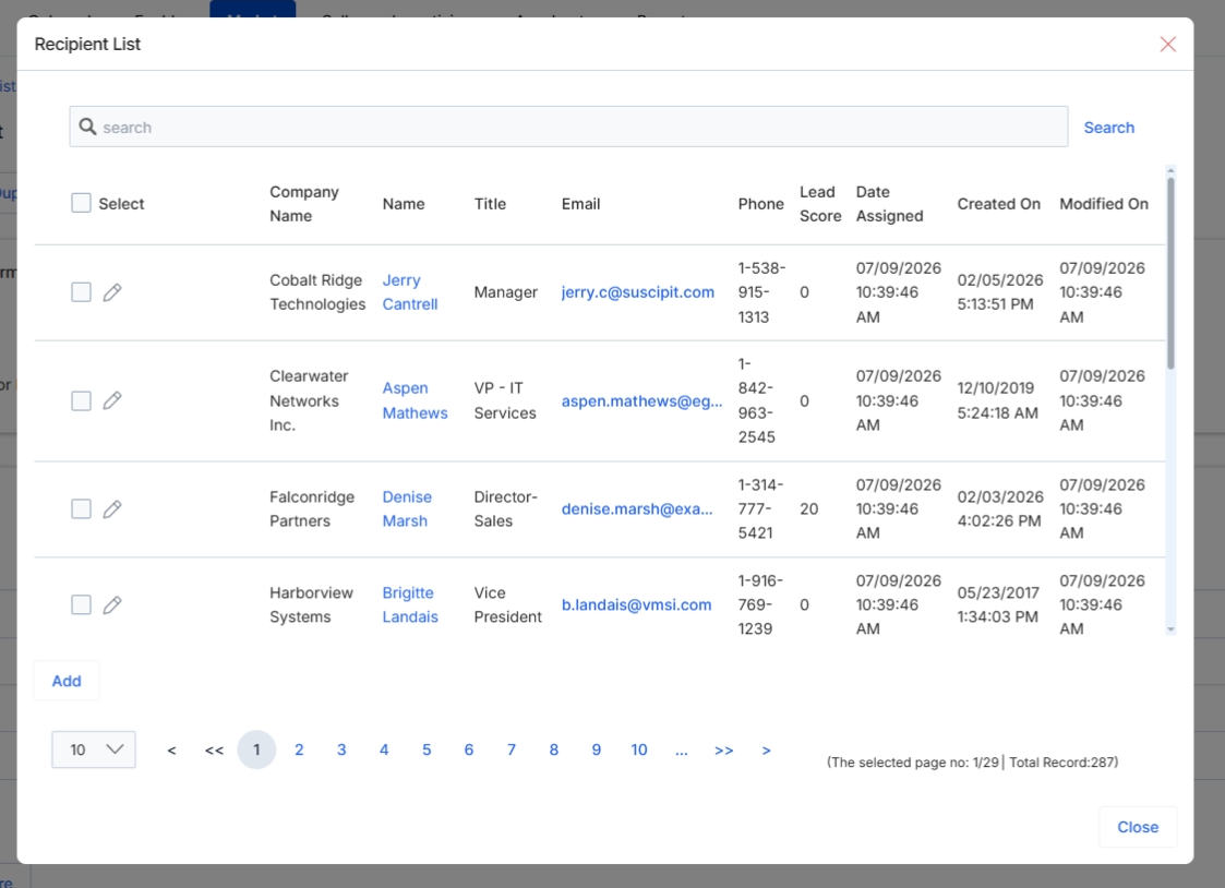 This screen displays the details of a specific Mailing List within the Market module, which is used to manage email campaigns. Mailing lists are crucial for targeting specific groups of contacts for marketing outreach, allowing vendors and partners to segment their audience for various campaigns. This view provides an overview of the list's information, including its name and the module from which it imports data, and lists the individual recipients currently associated with it. The ability to add or remove recipients directly from this view ensures that the mailing list remains current and relevant for ongoing marketing activities, supporting the broader workflow of campaign creation and execution by ensuring the right messages reach the right audience.