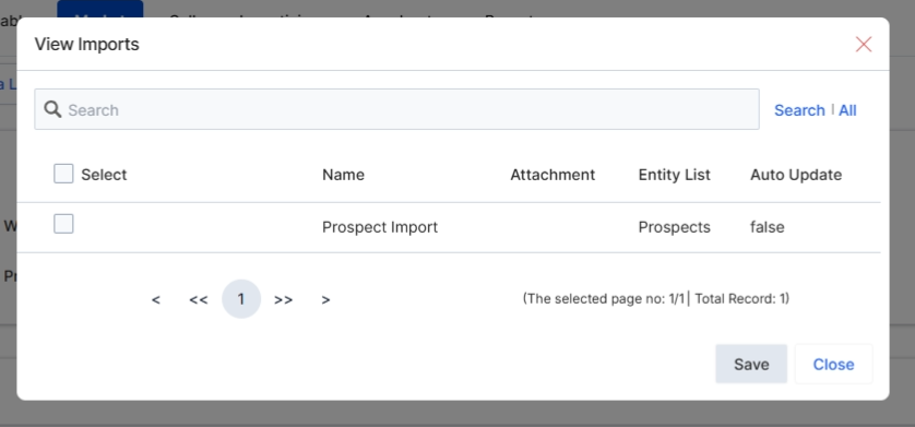 This screen displays the 'View Imports' dialog, which provides a centralized view of all imported lists associated with the current mailing list. This feature is crucial for managing the data sources that populate a mailing list, especially when integrating with external systems or importing large datasets. It allows administrators to track the origin and status of imported recipient data, ensuring data integrity and compliance. The dialog shows key details about each import, such as its name, associated attachment, the entity list it belongs to, and whether it's configured for auto-update, which is vital for maintaining up-to-date recipient information for marketing campaigns.