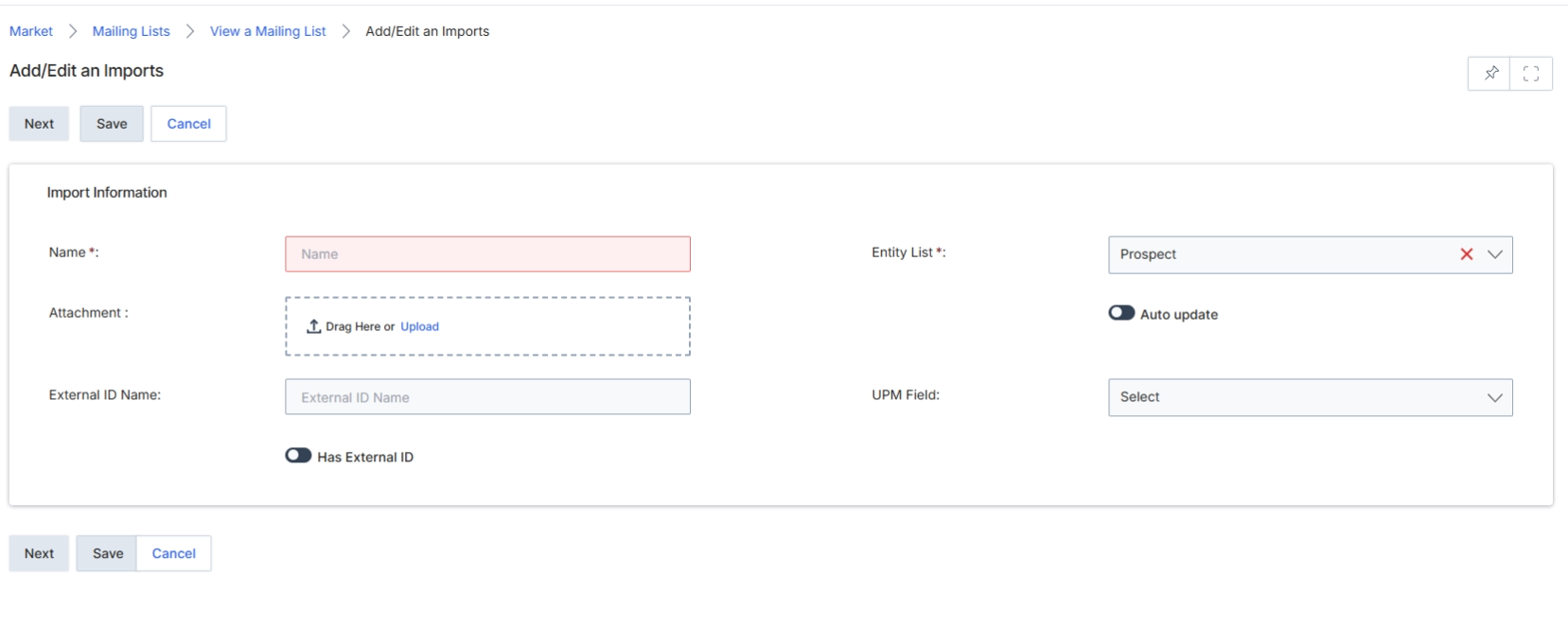 This screen, 'Add/Edit an Imports', is part of the UPM Market module and allows users to configure the import of contact lists for email marketing campaigns. It enables the creation of new import configurations or the modification of existing ones, specifying details such as the import name, the target entity list (e.g., Prospects), and the file containing the data. This functionality is crucial for populating mailing lists with external data, ensuring that marketing campaigns can target specific groups of contacts. The screen also provides options for managing external IDs and auto-updating the imported list, which helps maintain data integrity and synchronization with external systems. Once configured, these import settings facilitate the seamless integration of contact data into the UPM platform for use in various marketing activities.