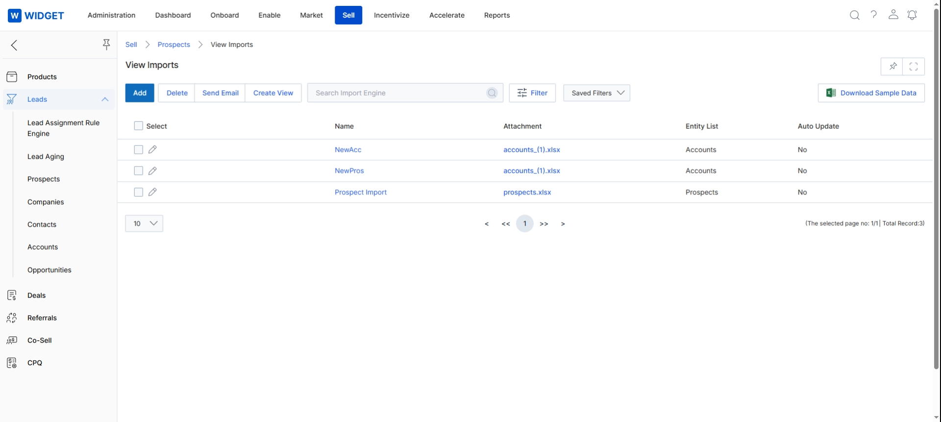 This screen displays a list of all configured data import jobs within the UPM platform, providing a centralized view for monitoring and managing the ingestion of external data. Each entry in the table details the import's name, the attached file, the target entity list (e.g., Accounts, Prospects), and whether automatic updates are enabled. This view allows administrators to quickly assess import statuses, identify data sources, and manage data synchronization, ensuring the system's data remains current and accurate for various modules like Sell and Market.