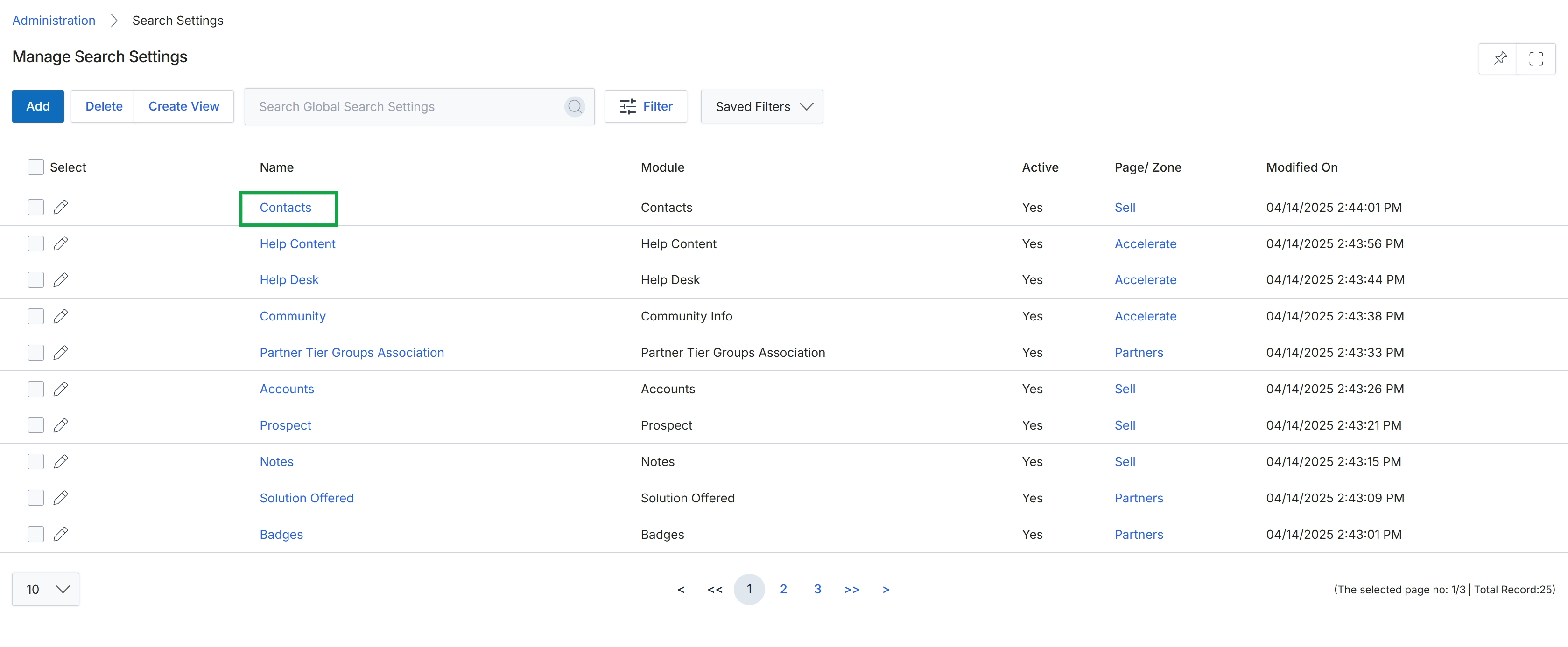 Manage Search Settings list view