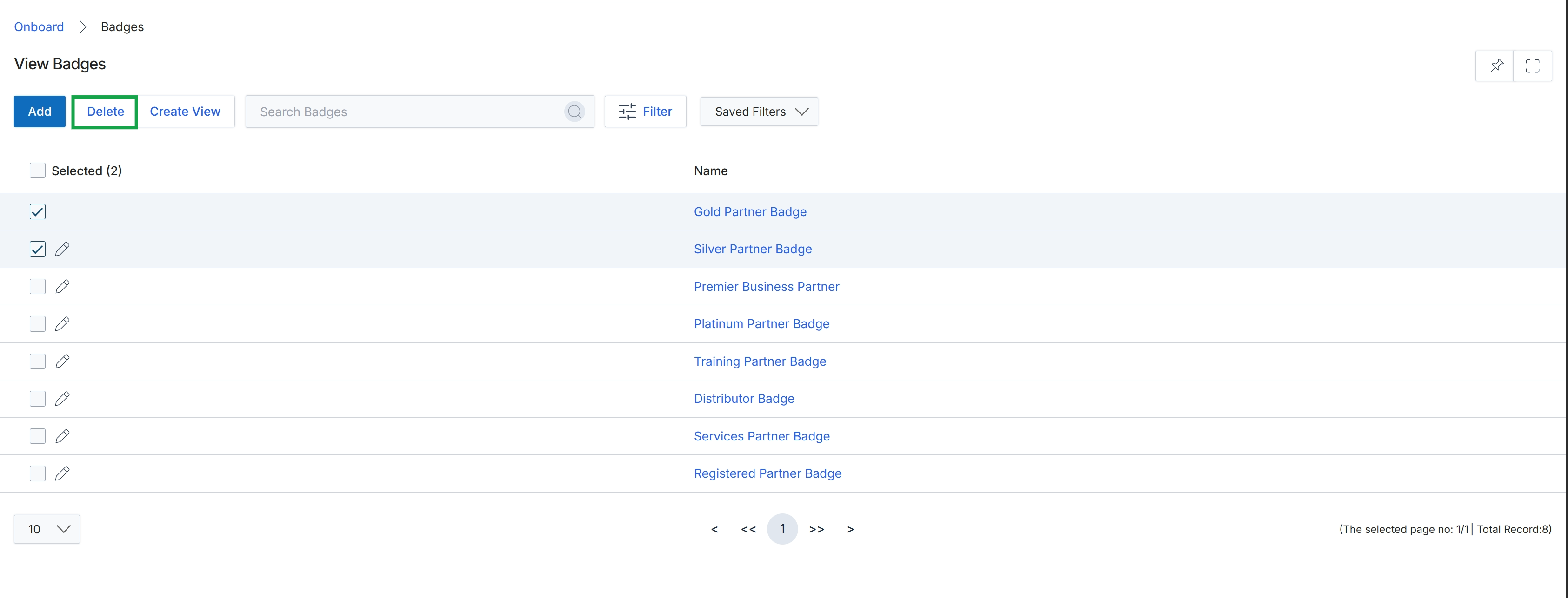 View Badges list with items selected