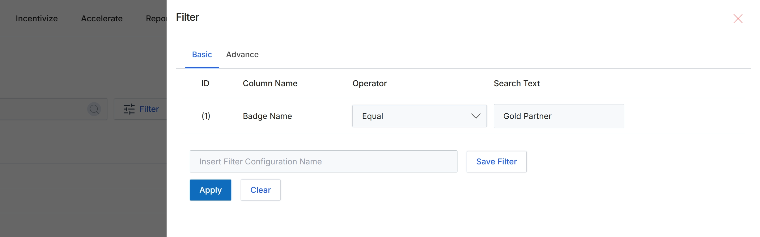 Filter dialog for badges