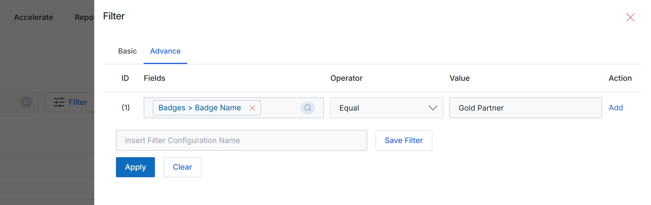 Advanced filter configuration panel