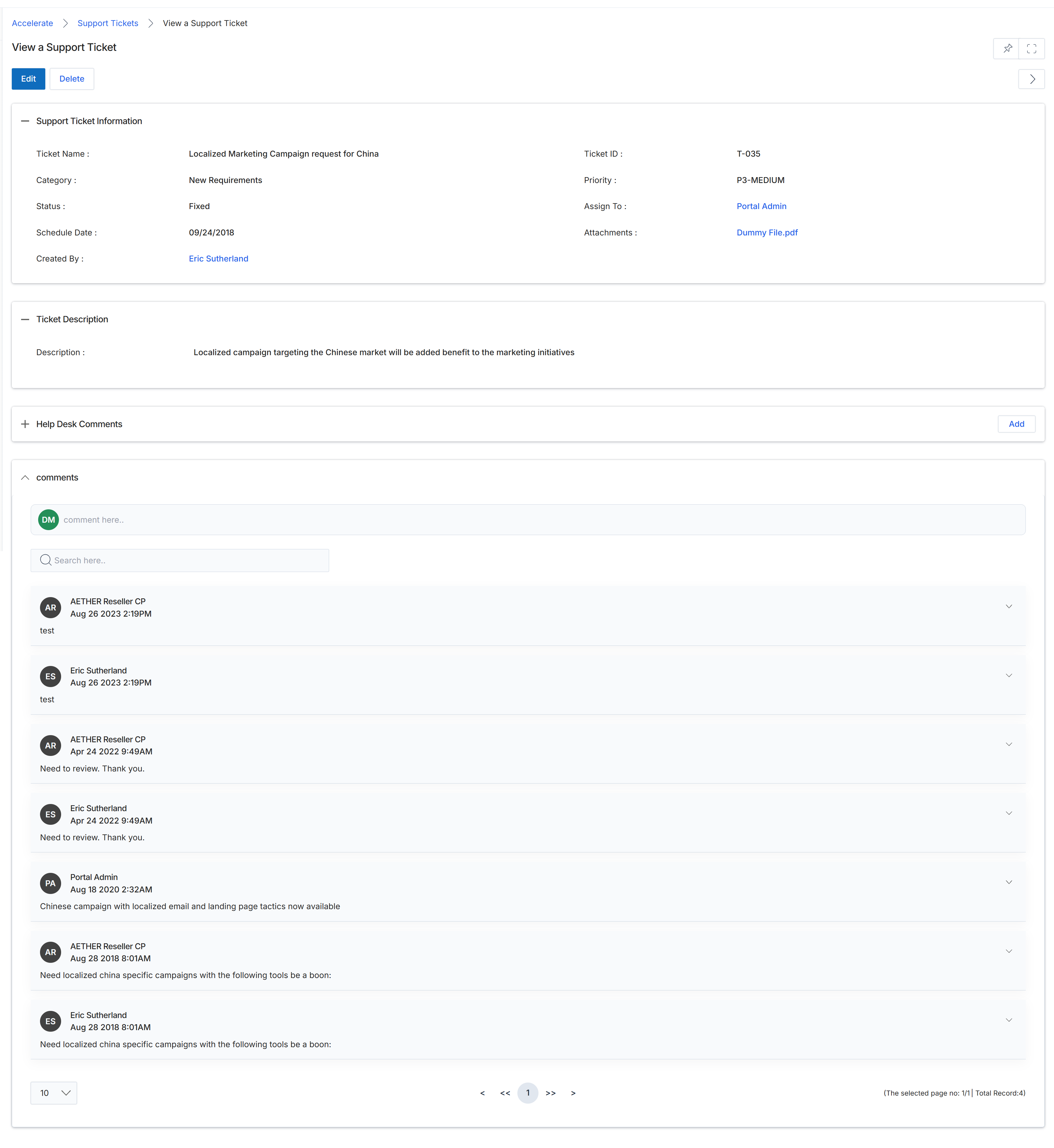 View a Support Ticket details