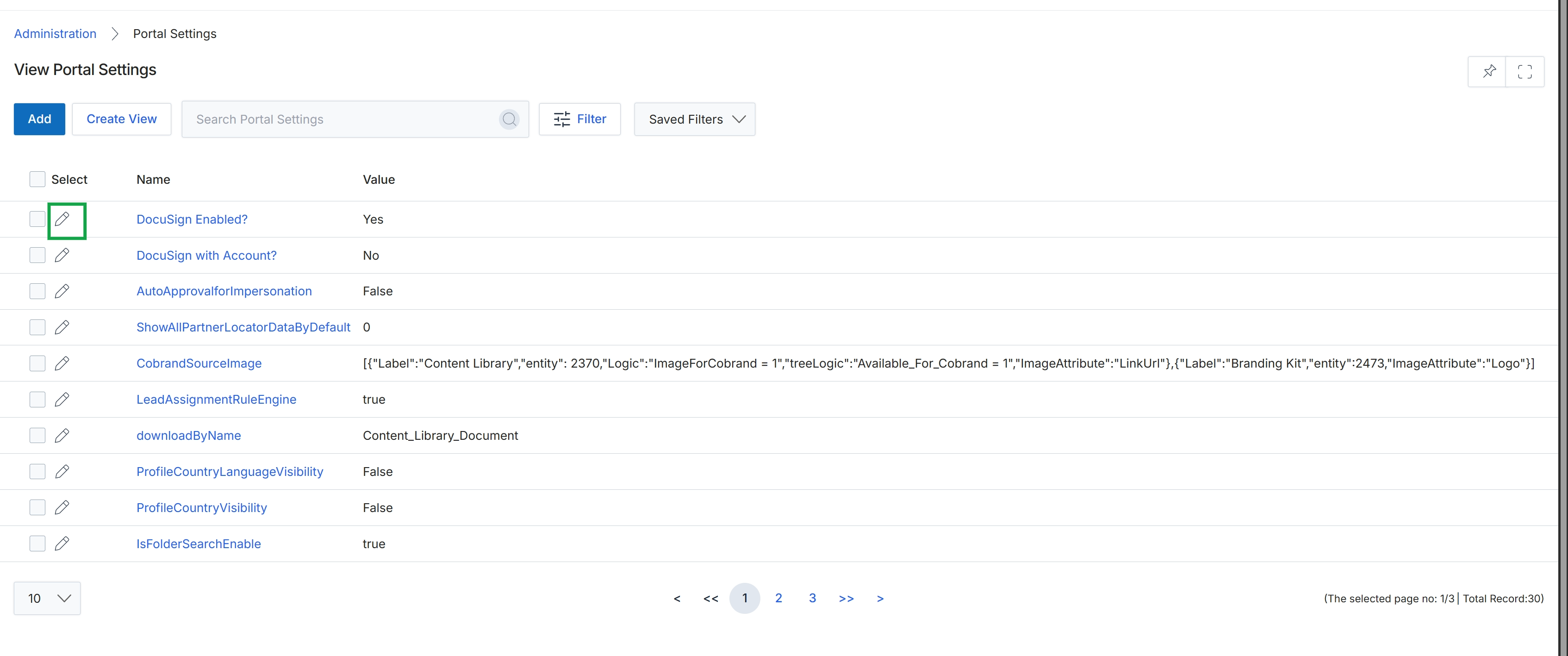 View Portal Settings list with edit icons