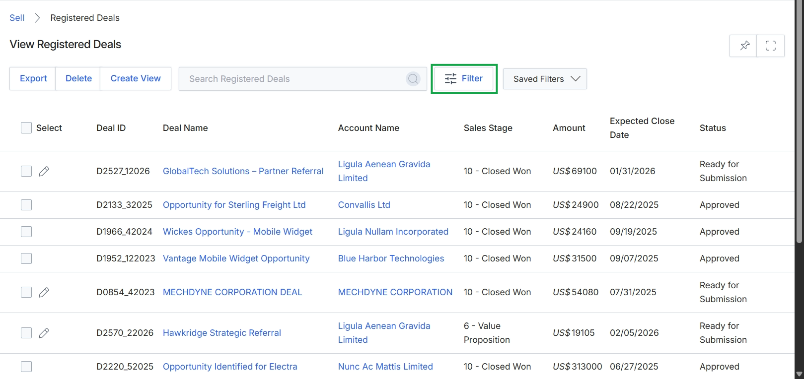 Registered Deals list view with Filter button highlighted