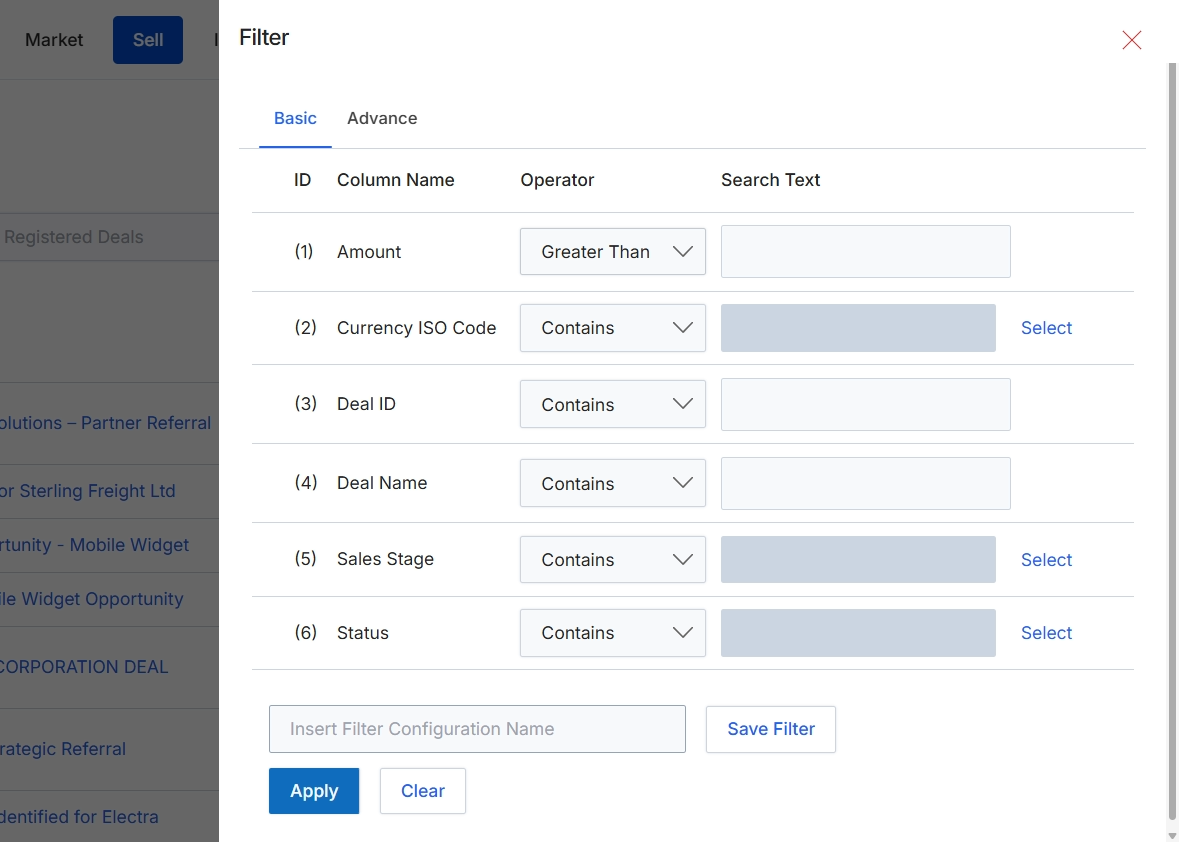 Filter panel for Registered Deals