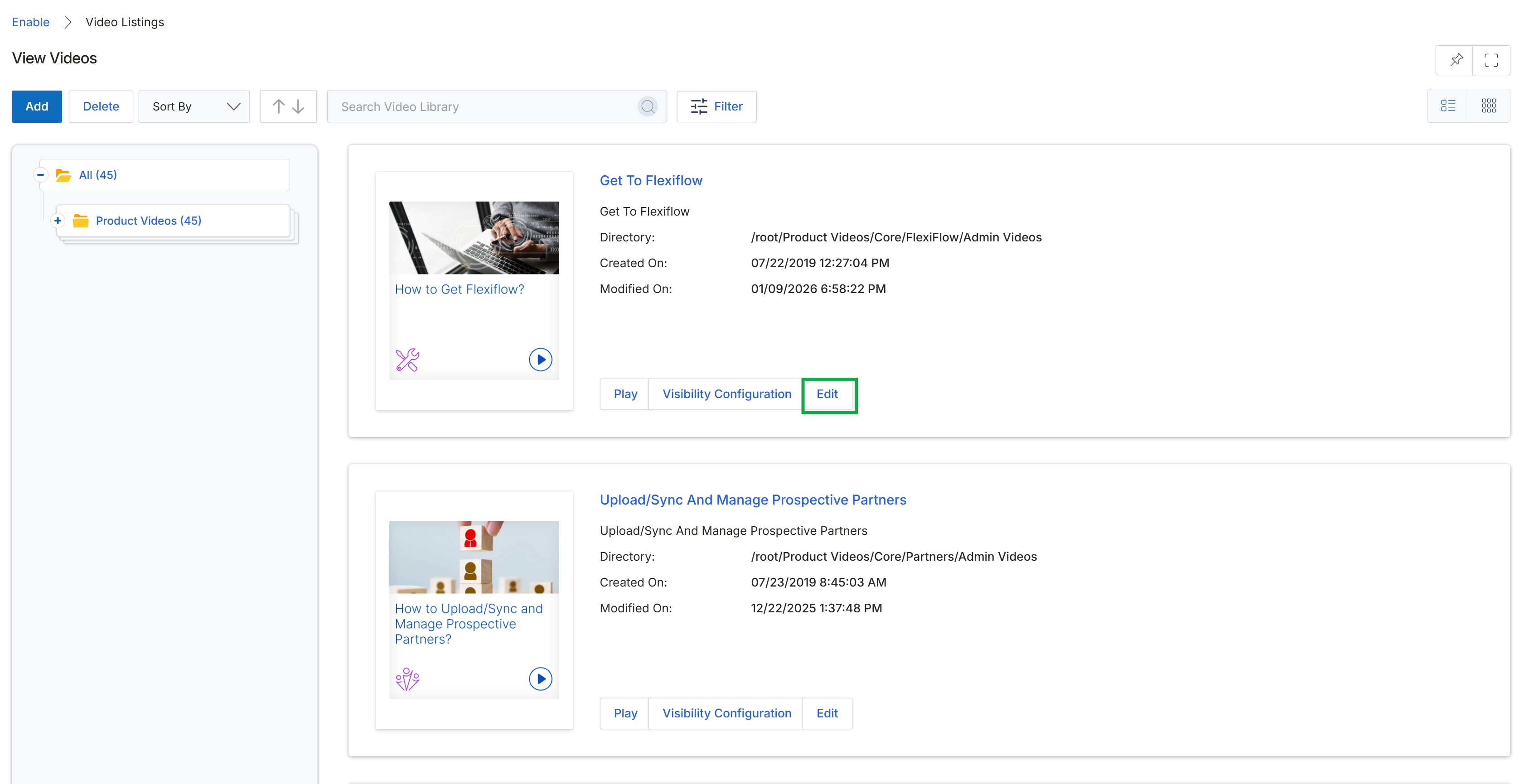 Video Listings page