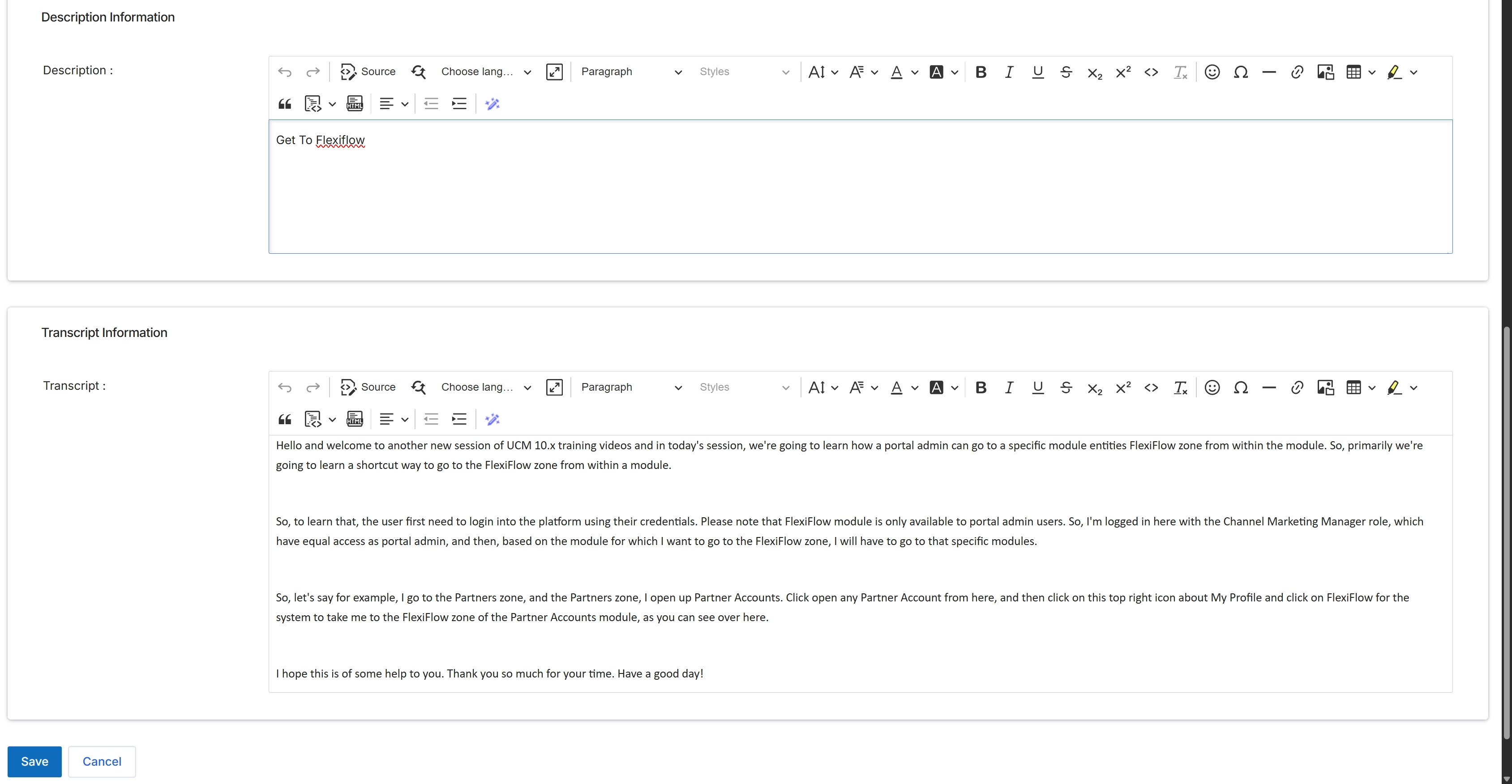 Video description and transcript entry