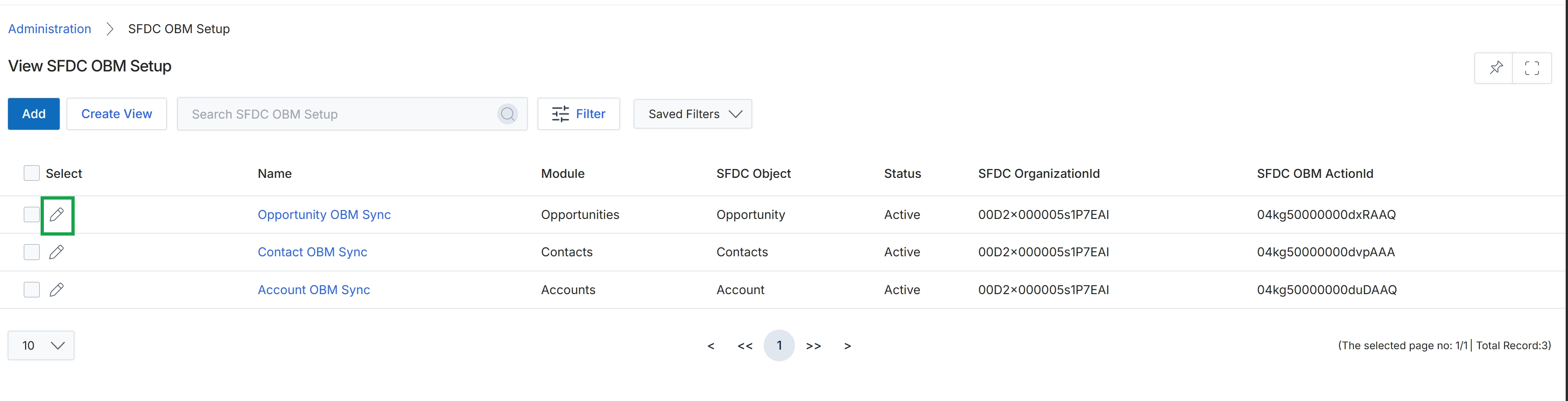 SFDC OBM Setup list view