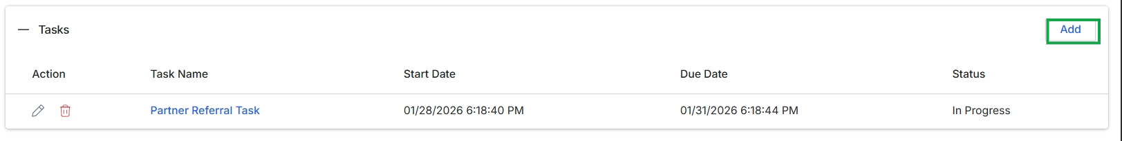 Tasks section with Add button