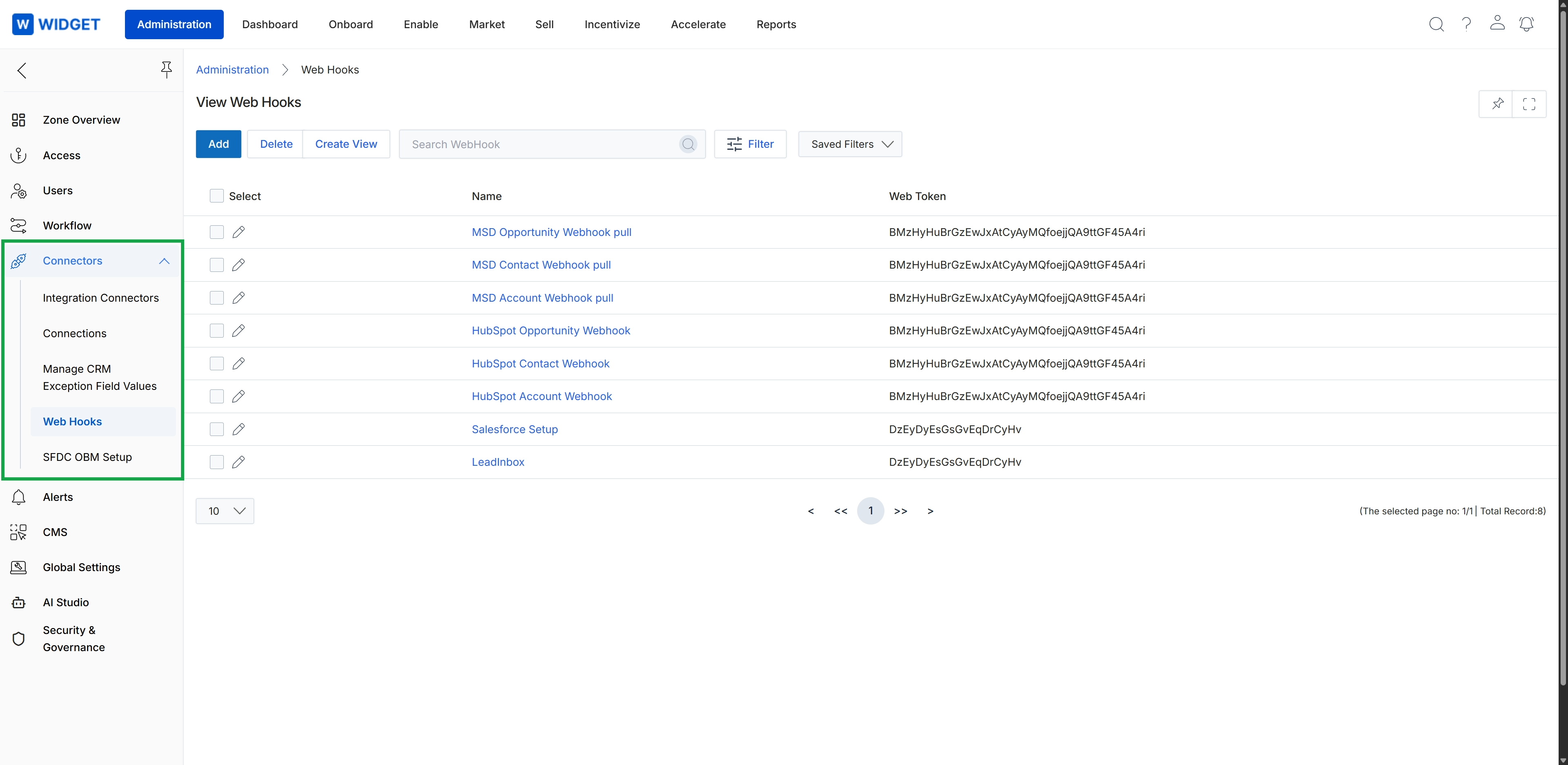 Administration module with Connectors menu expanded