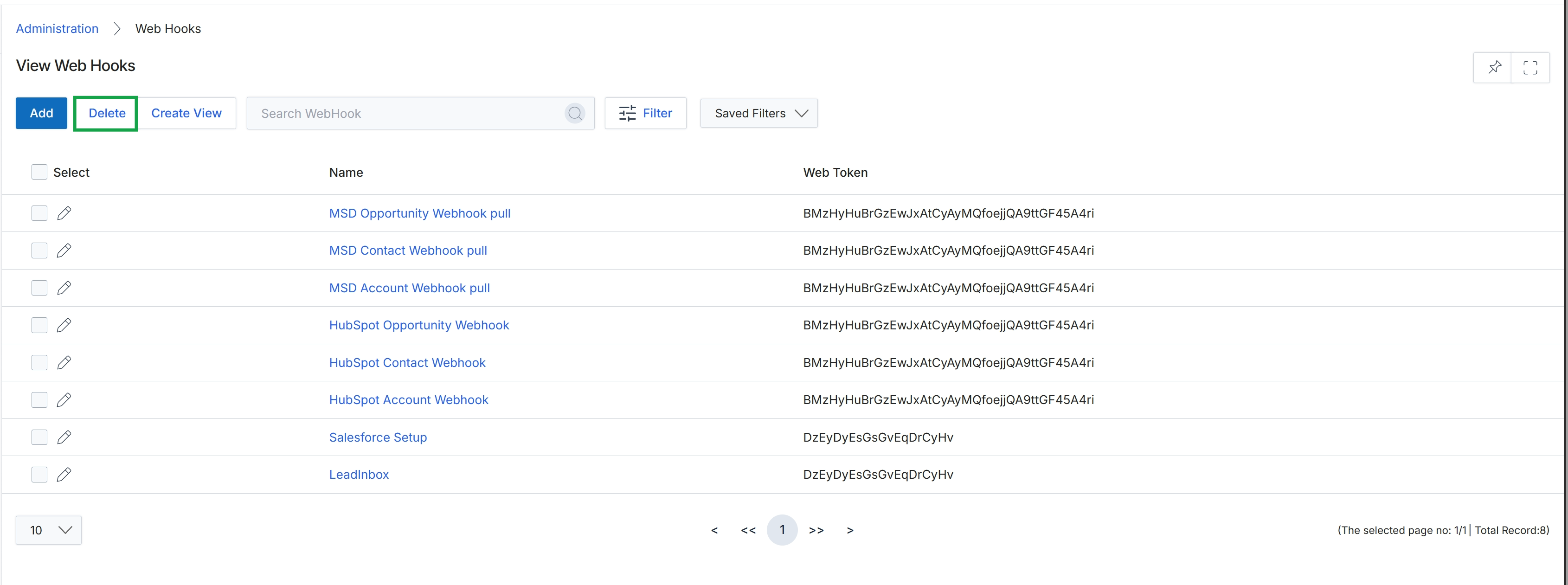 Web Hooks list view