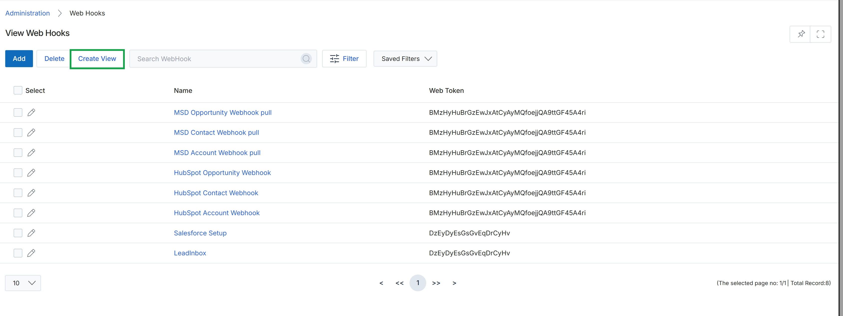 View Web Hooks page with Create View button highlighted