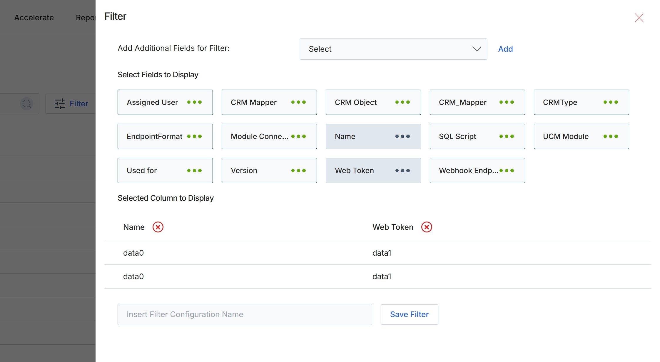 Filter configuration modal for Web Hooks