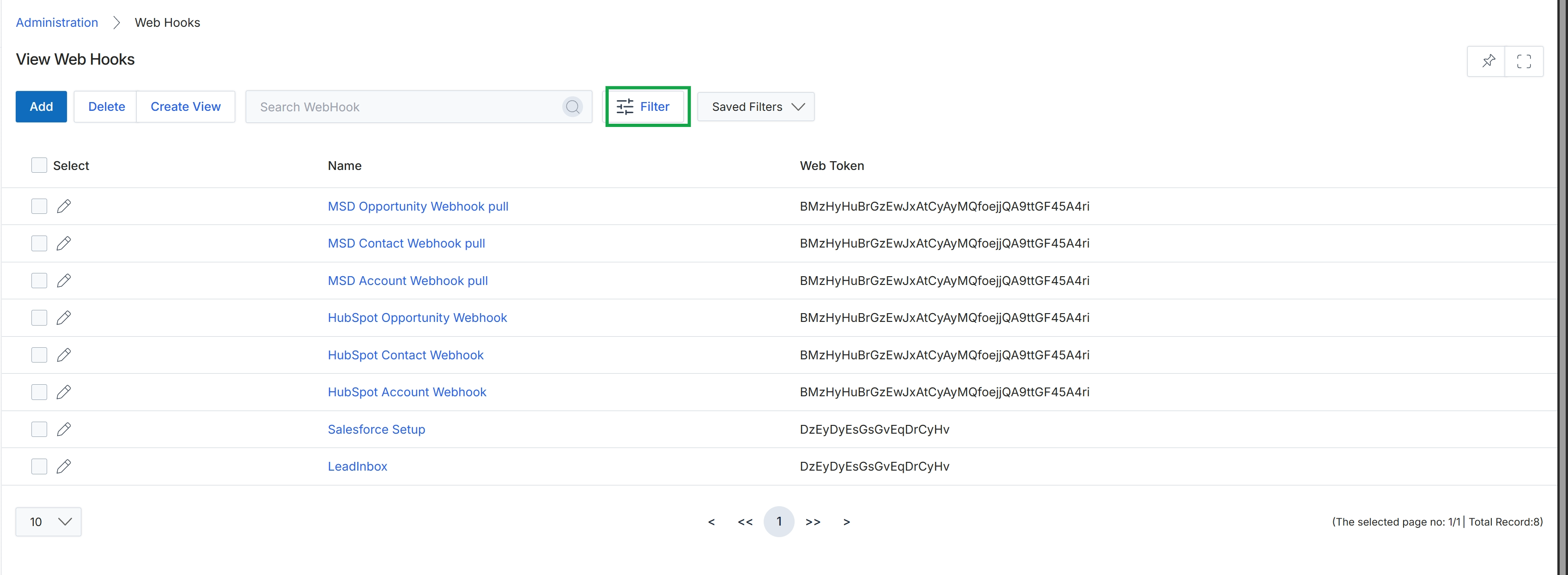 Web Hooks list view with filter panel closed