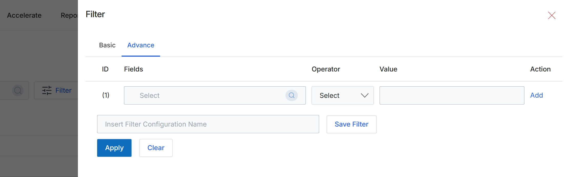 Advanced Filter configuration dialog