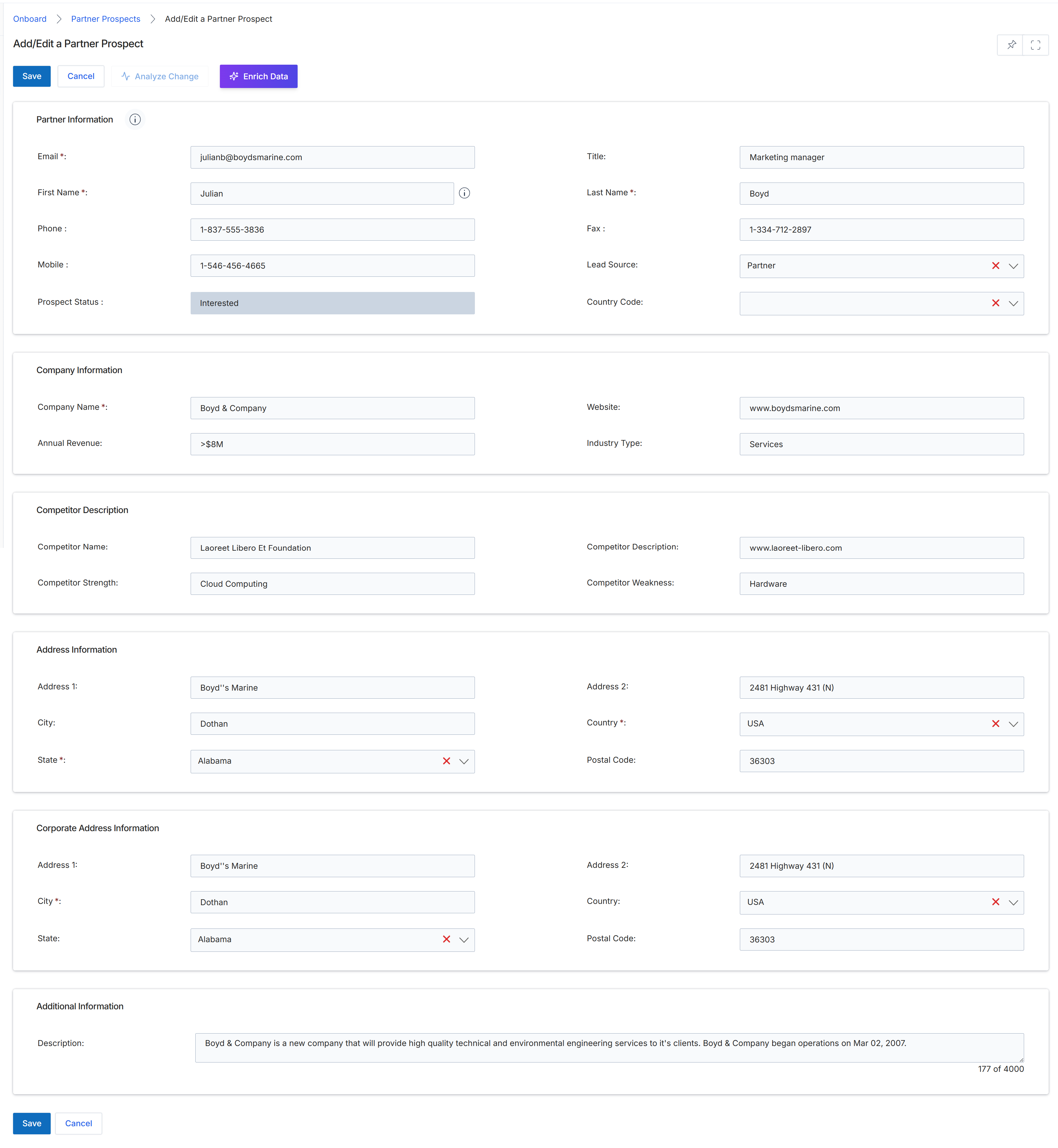 Add/Edit a Partner Prospect form