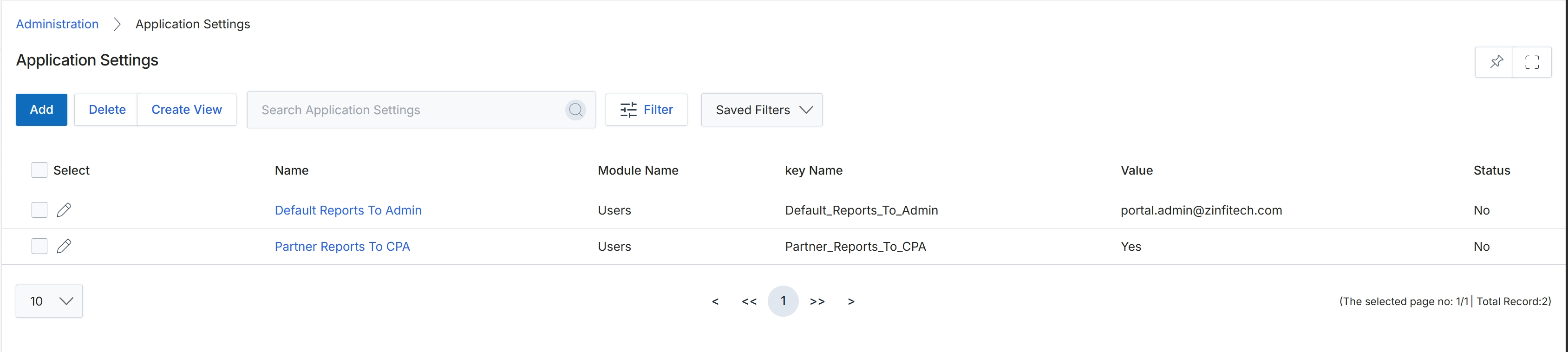 Application Settings list view