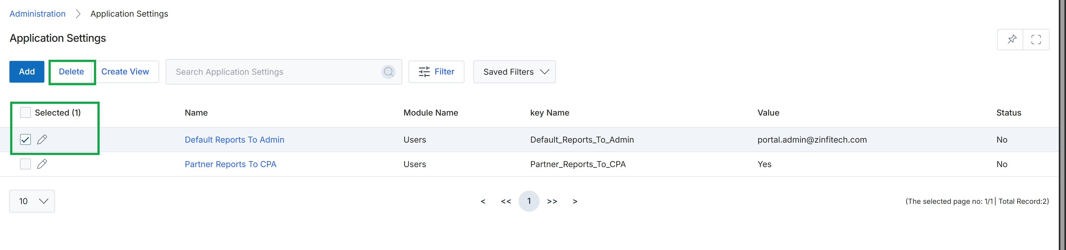 Application Settings list view with a setting selected and Delete button highlighted