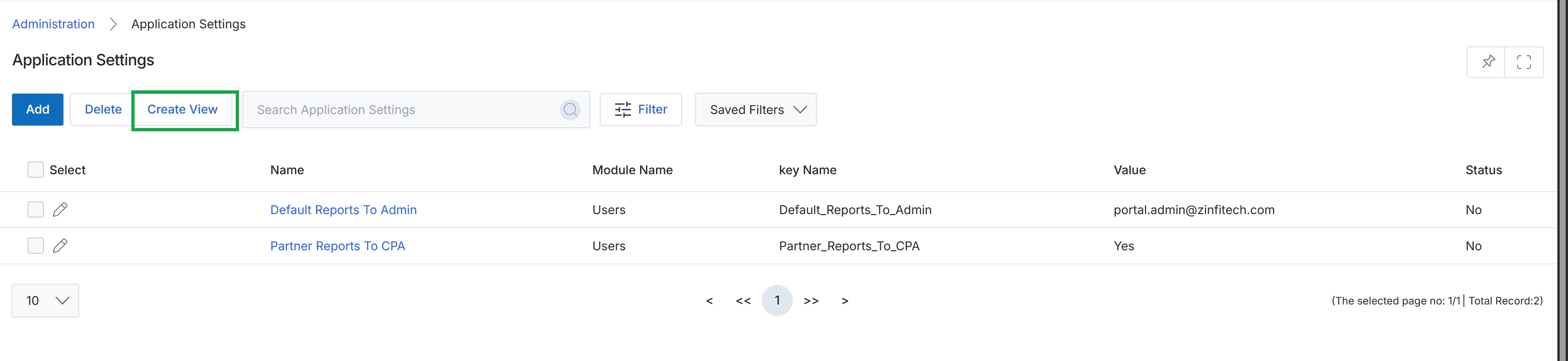 Application Settings list view