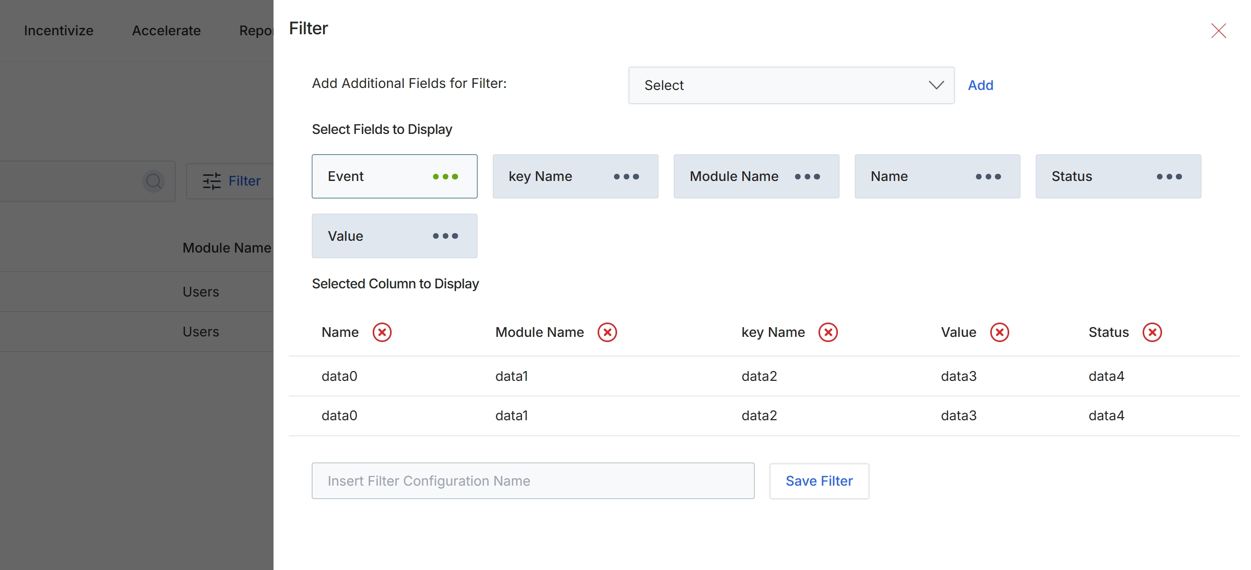 Filter configuration panel