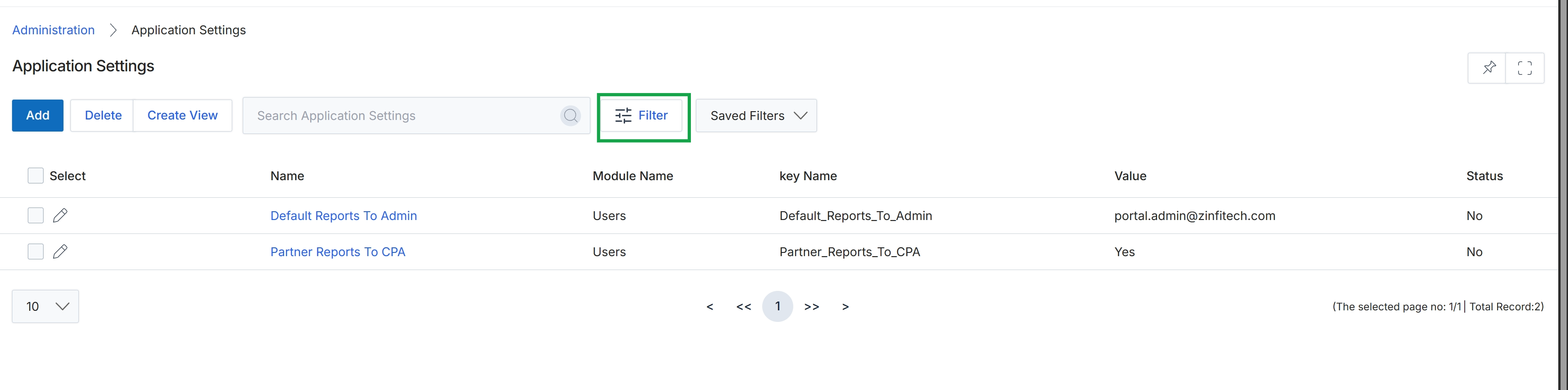 Application Settings list view with Filter button highlighted