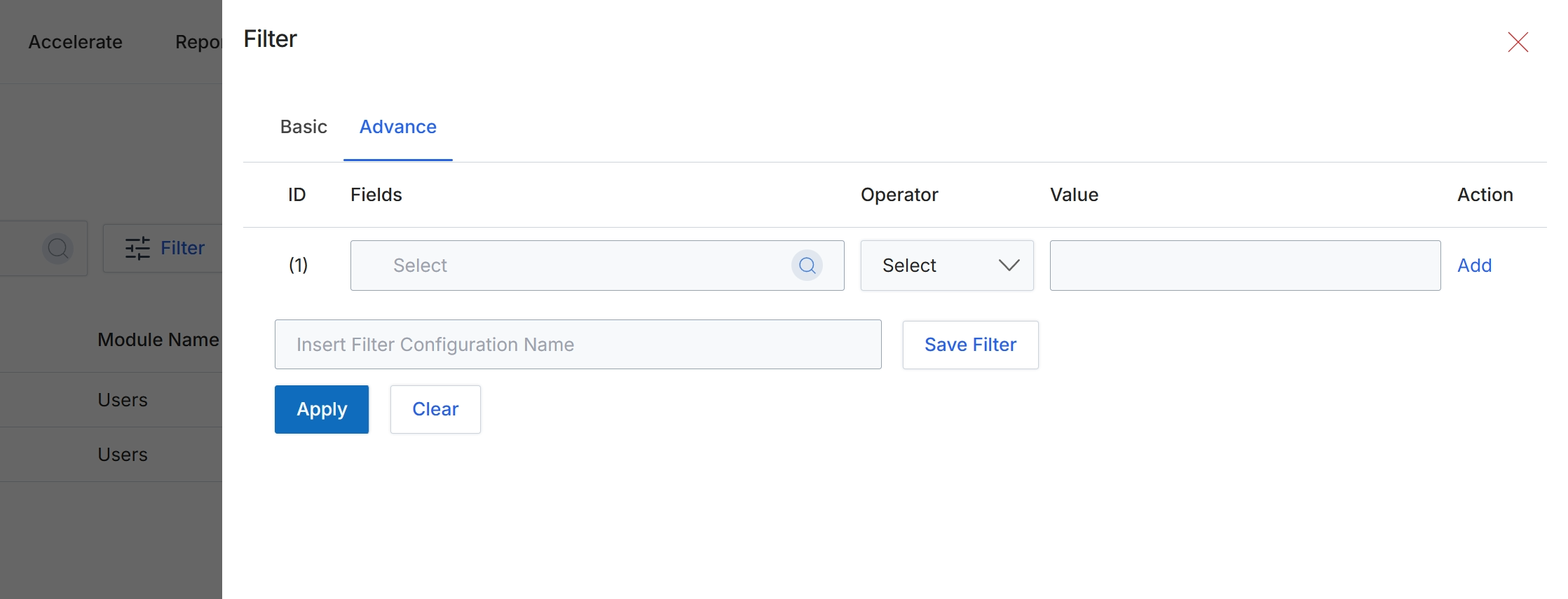 Advanced Filter configuration modal
