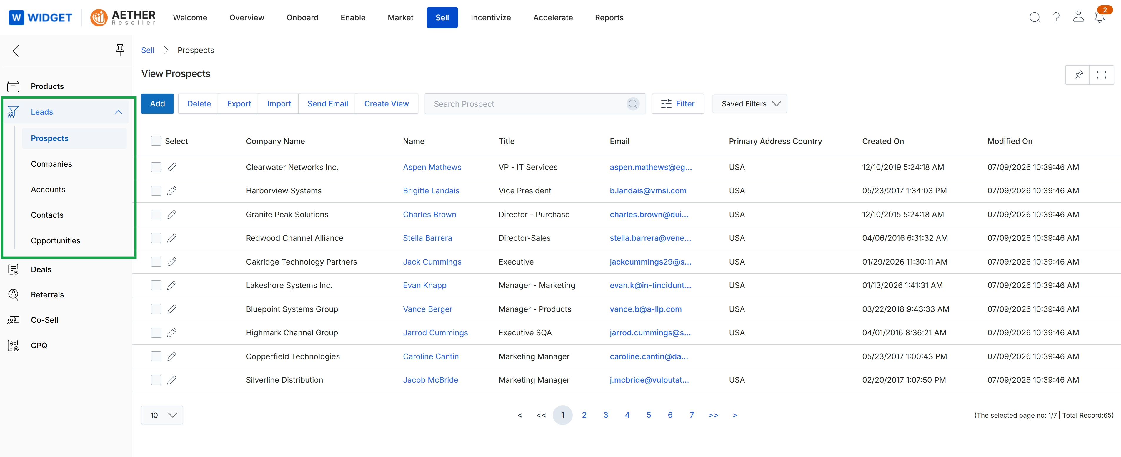 View Prospects list page