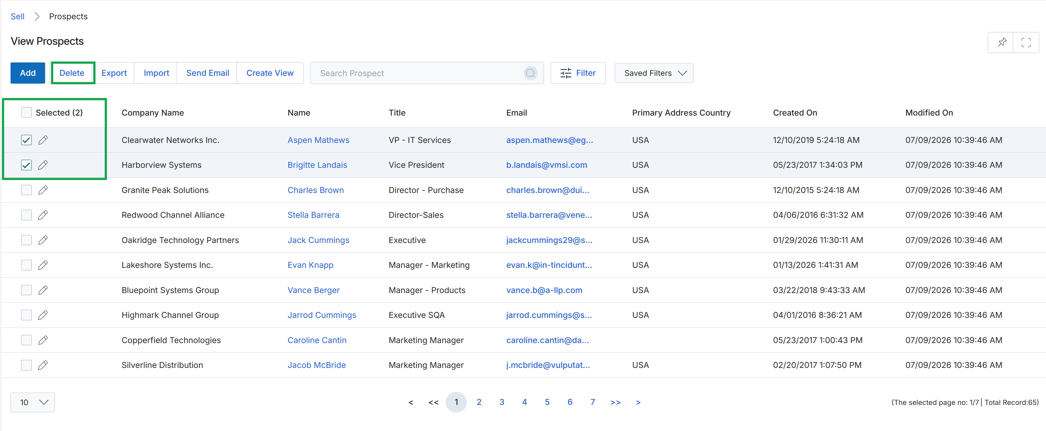 Prospects list view with delete action