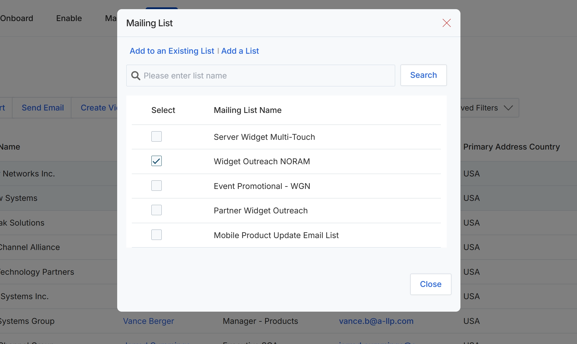 Mailing List selection dialog
