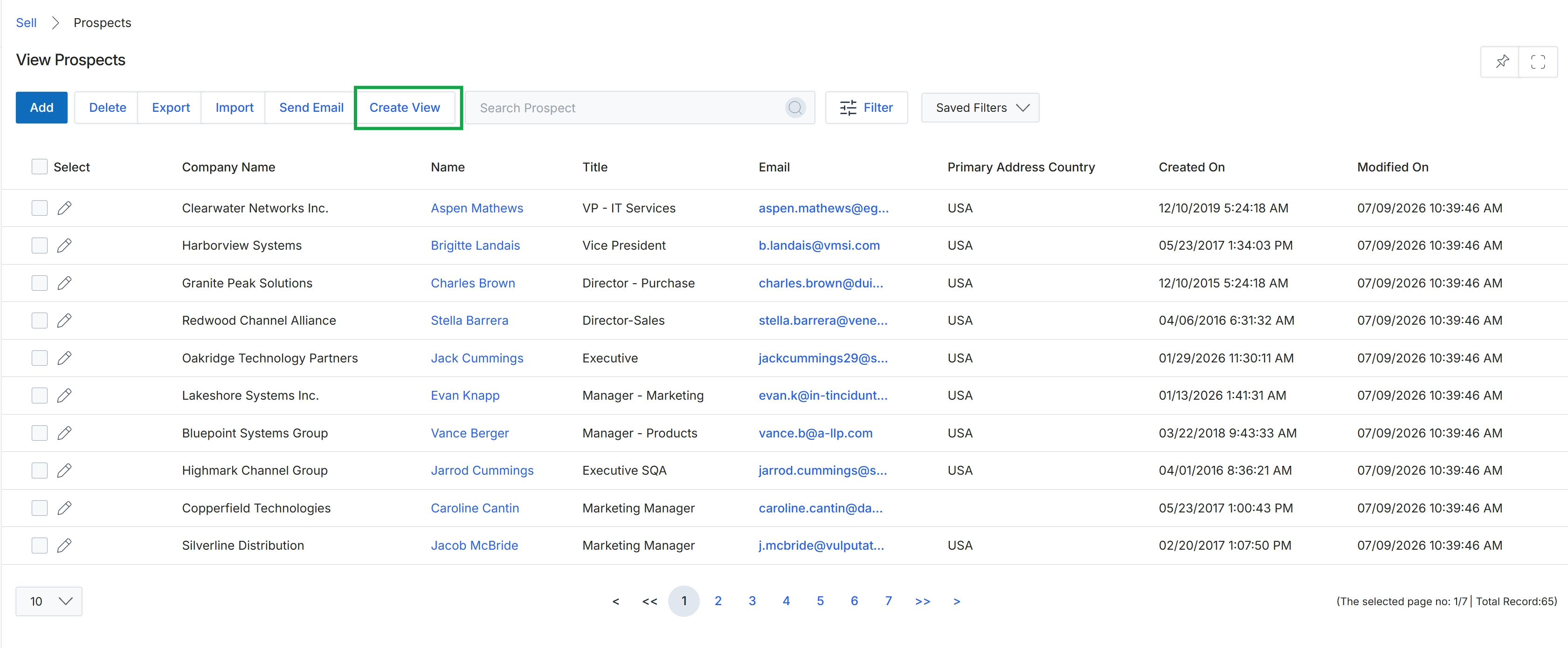 View Prospects page with Create View button highlighted