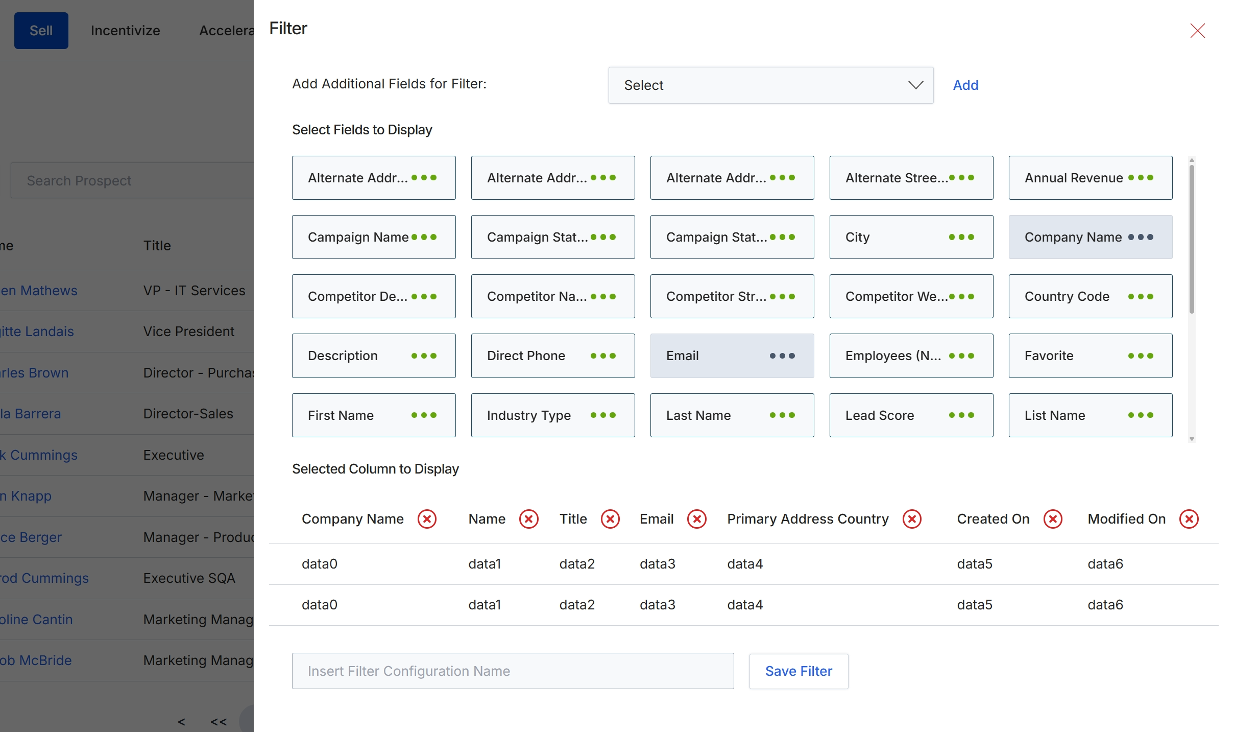 Filter configuration dialog for Prospects
