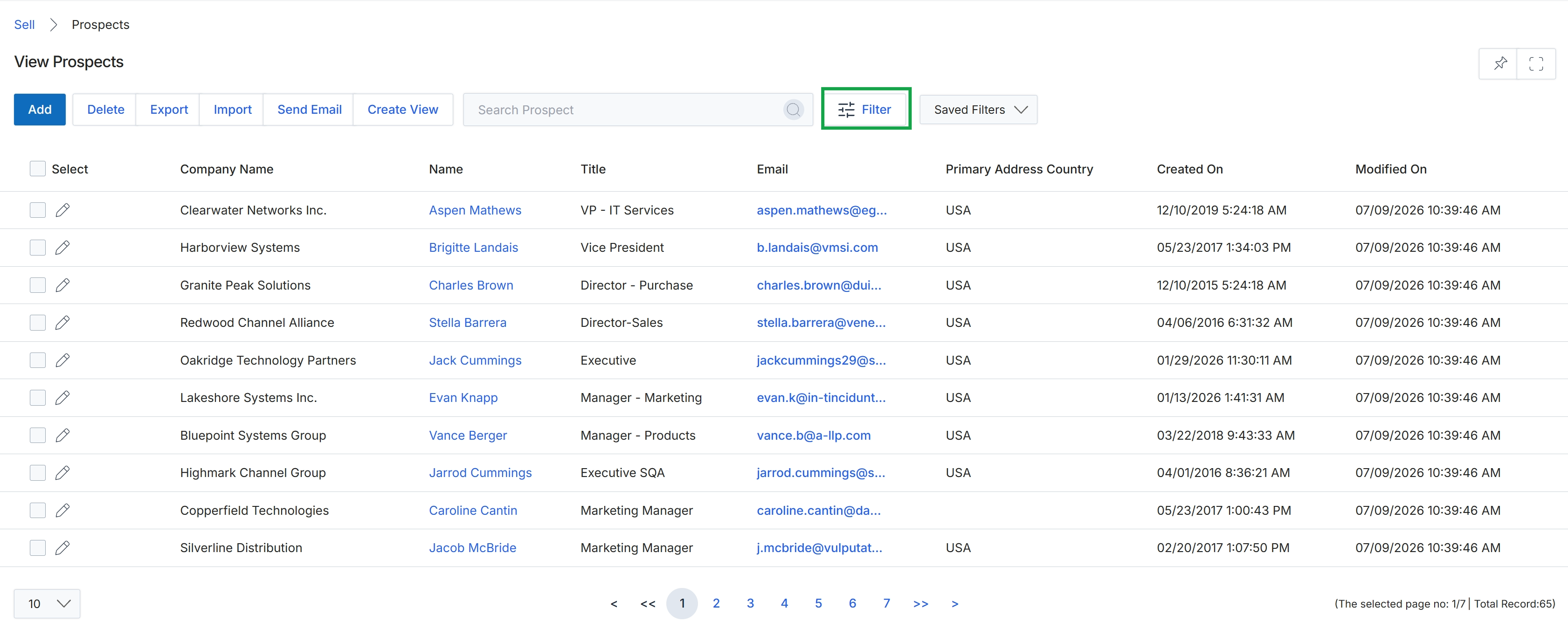 View Prospects list page with Filter button highlighted