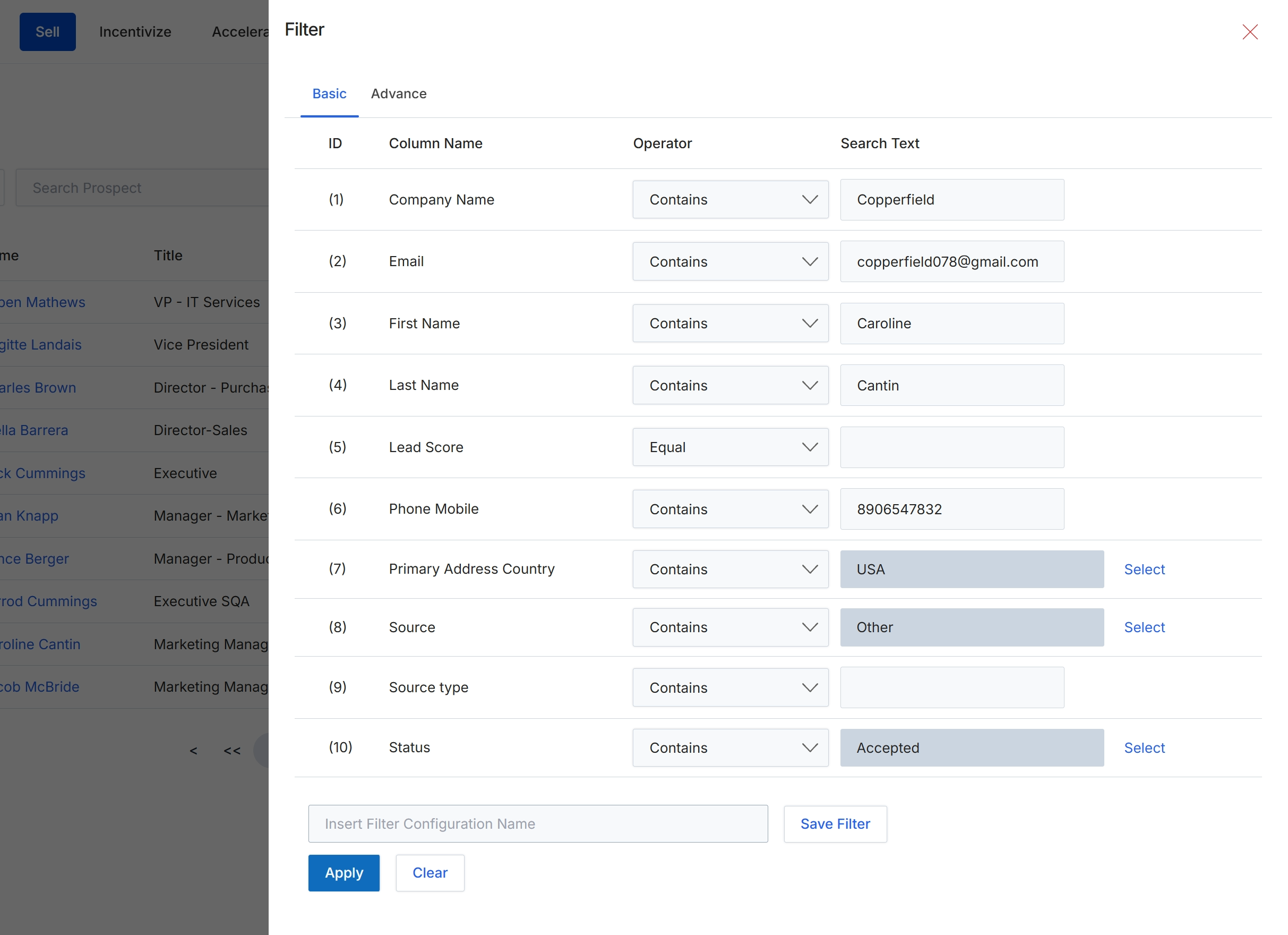 Prospects filter panel