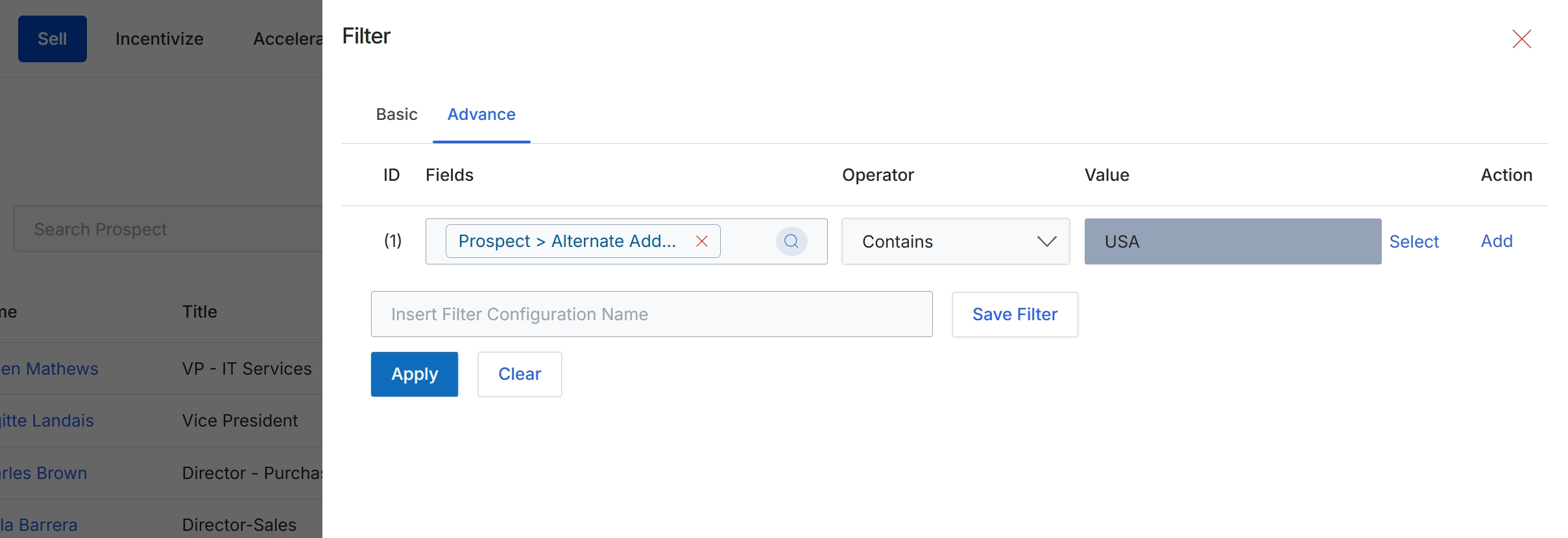 Advanced Filter modal