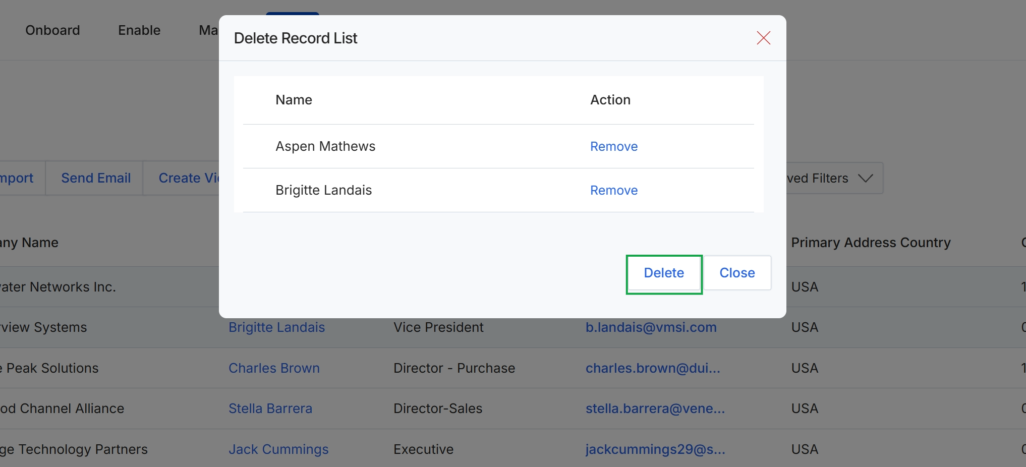 Delete record confirmation dialog