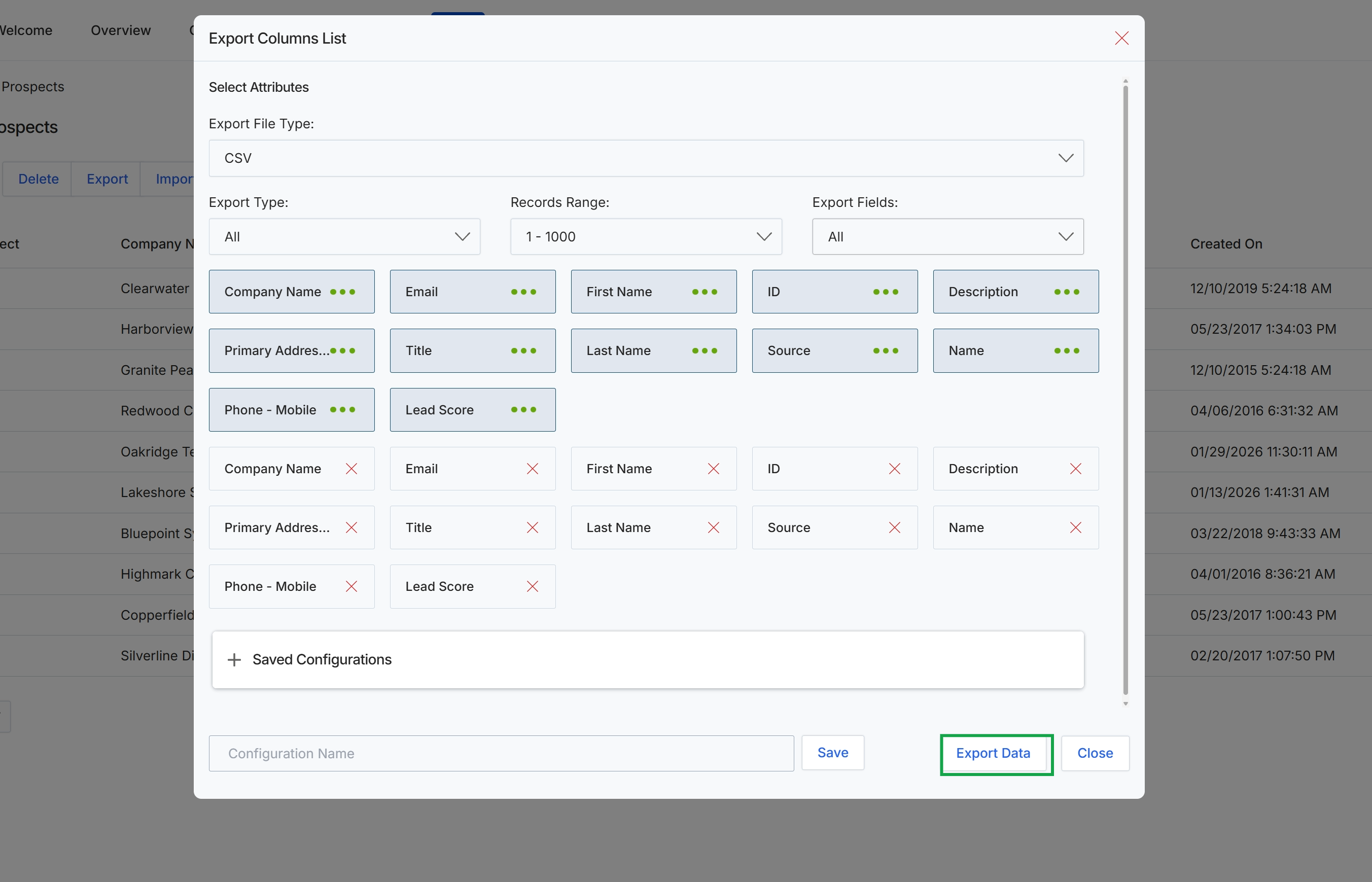Export Columns List dialog