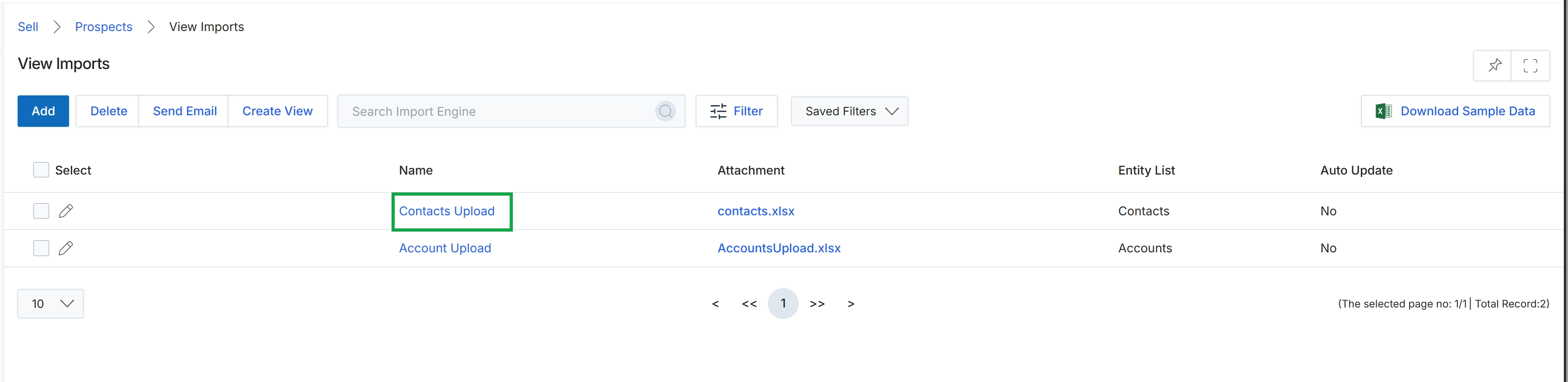 View Imports list page