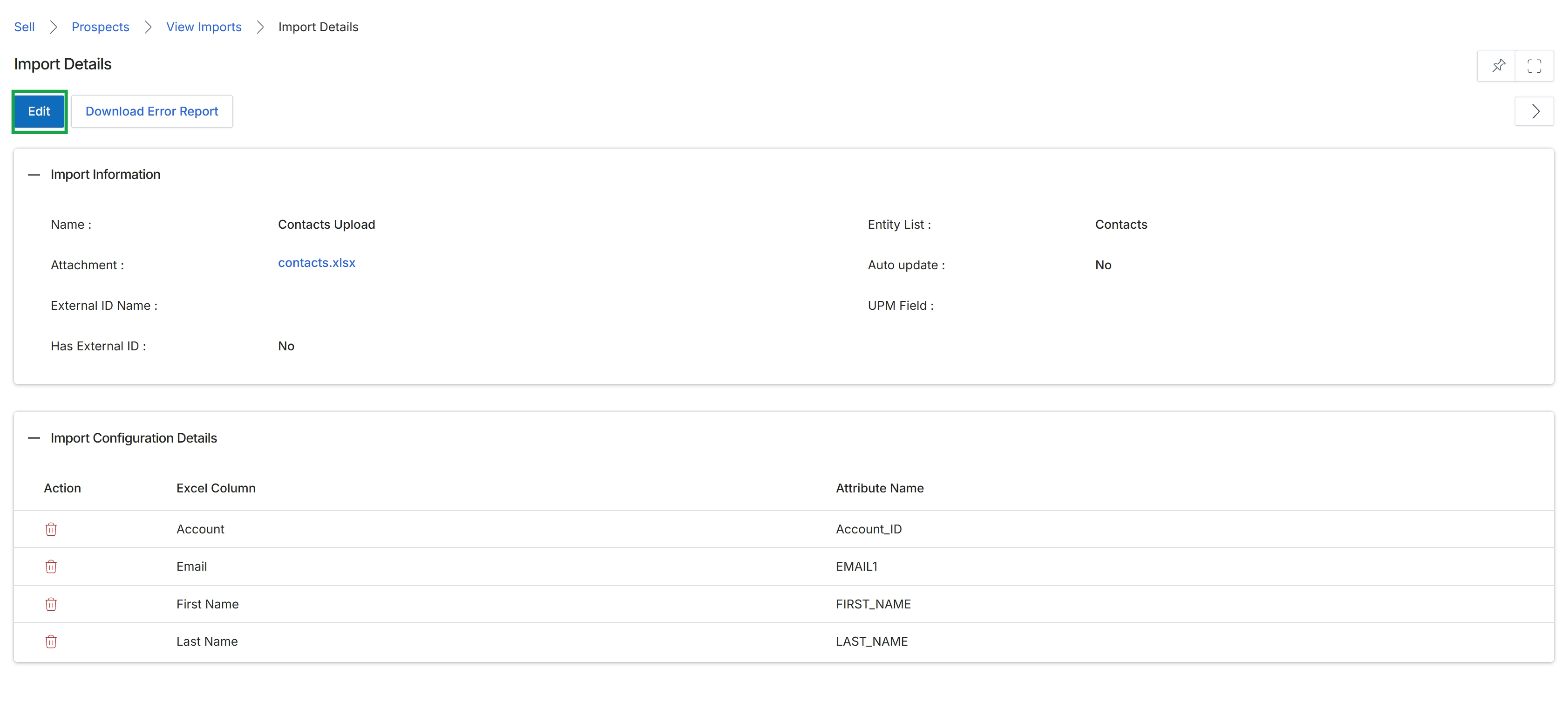 Import Details view with Edit button