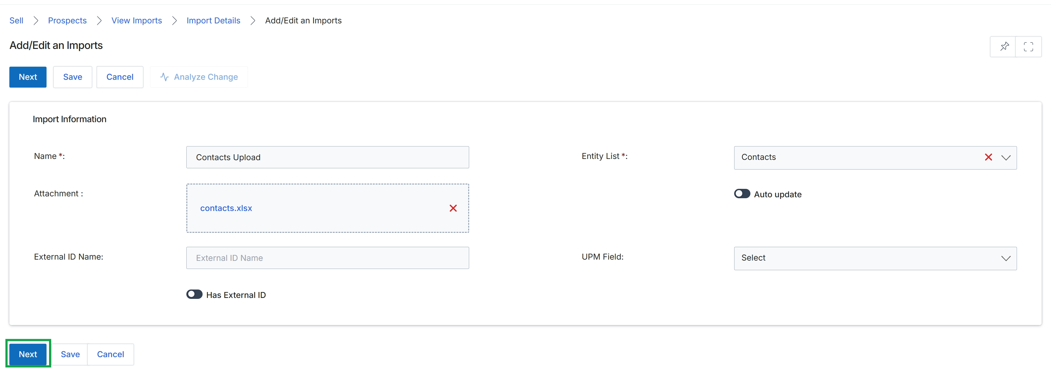 Import Details view with Edit button highlighted