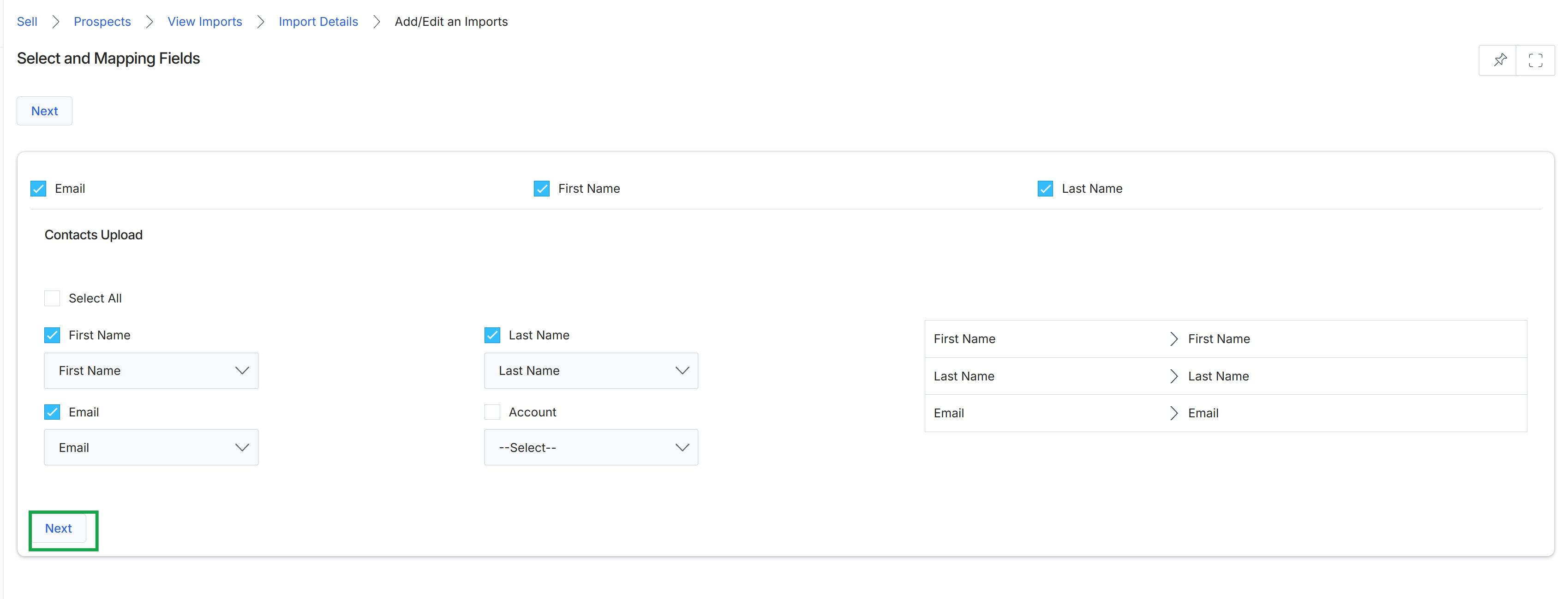 Prospect import field mapping