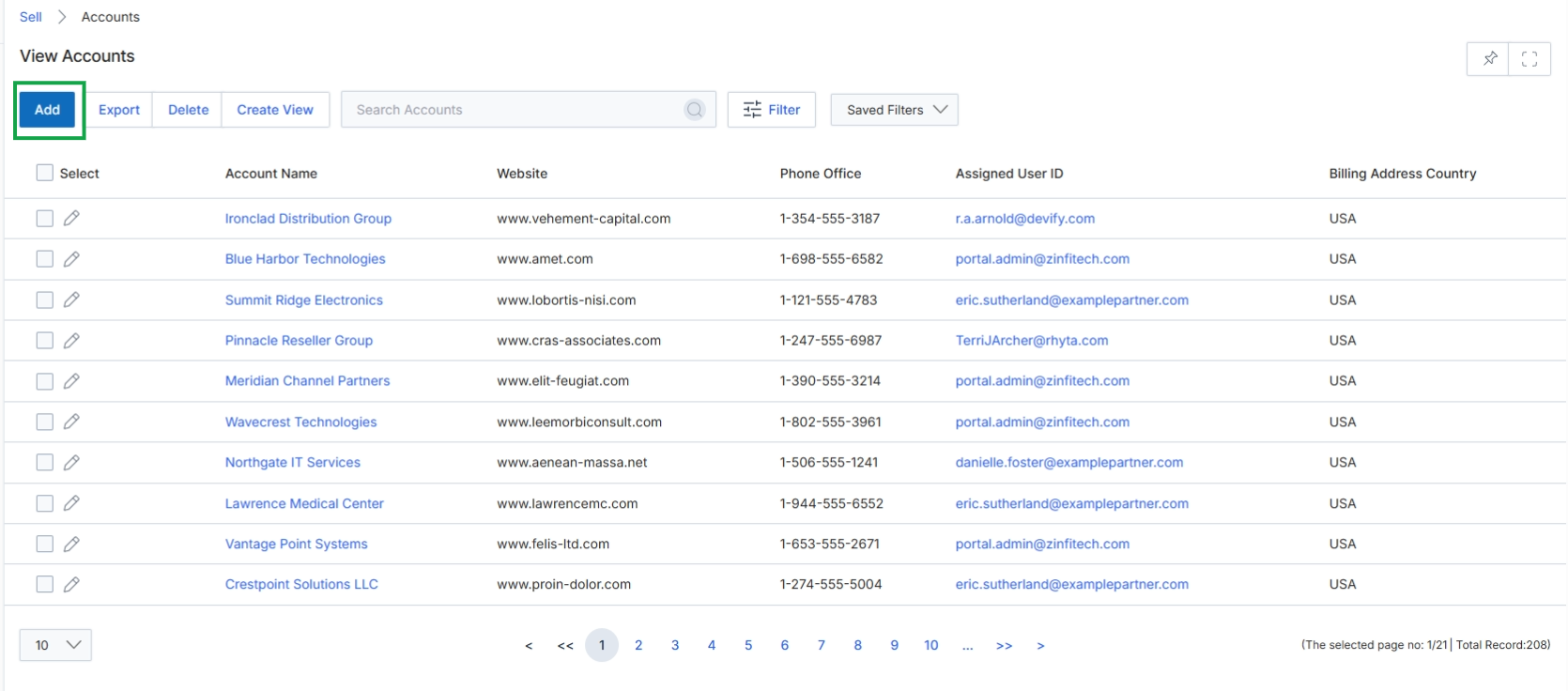Sell module Accounts list view