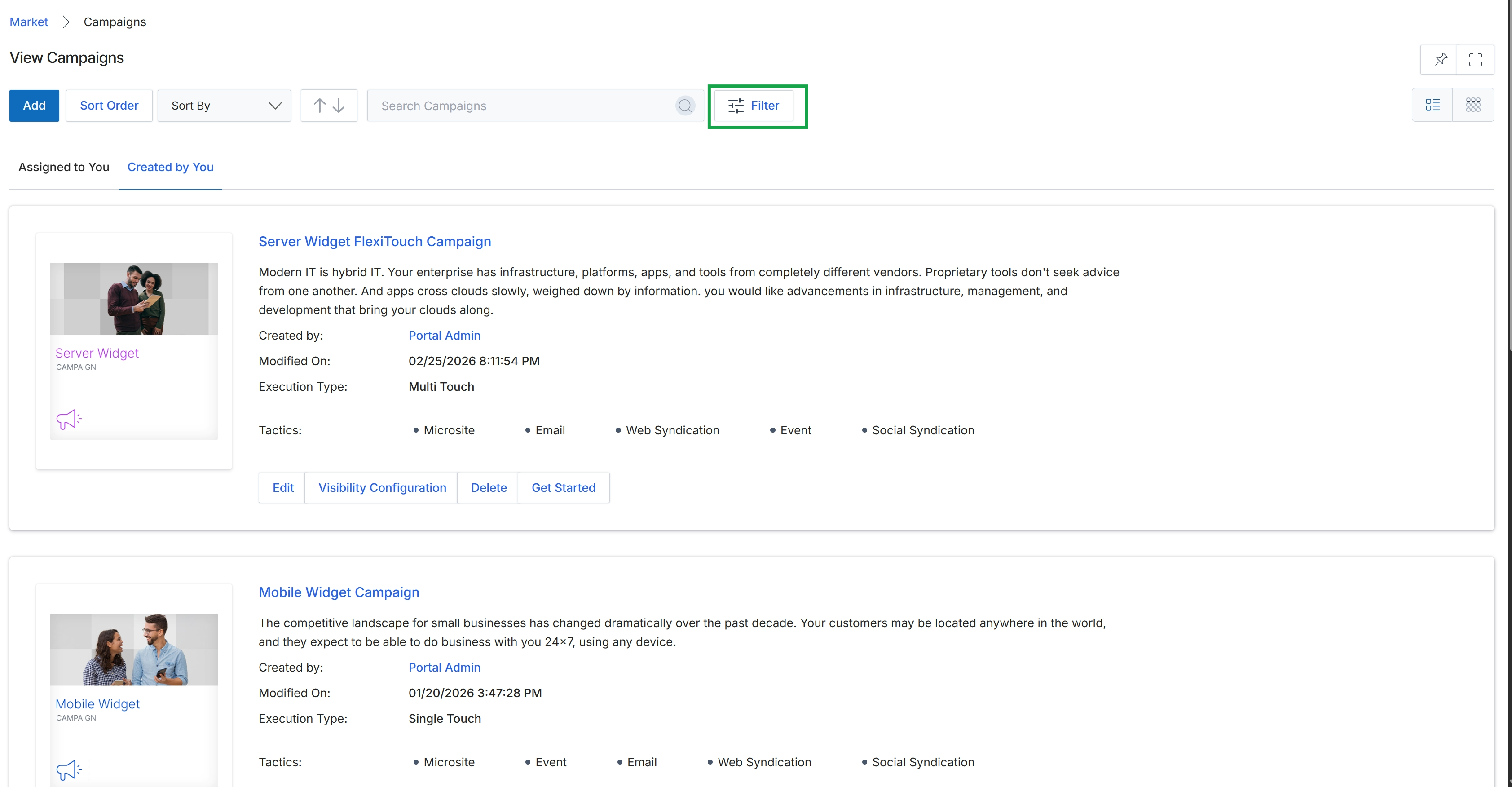 View Campaigns page with filter button highlighted