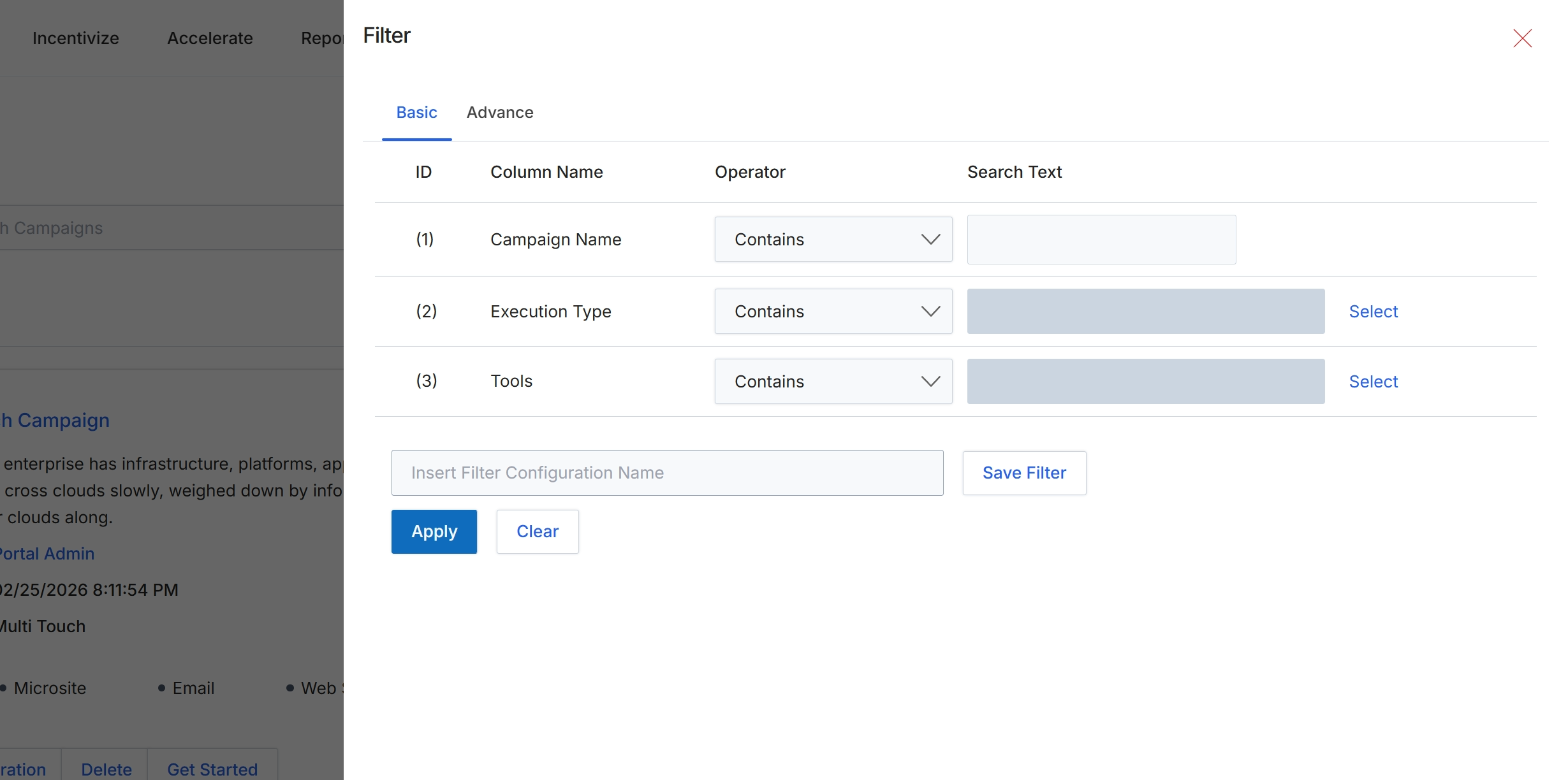 Filter dialog with Basic tab selected