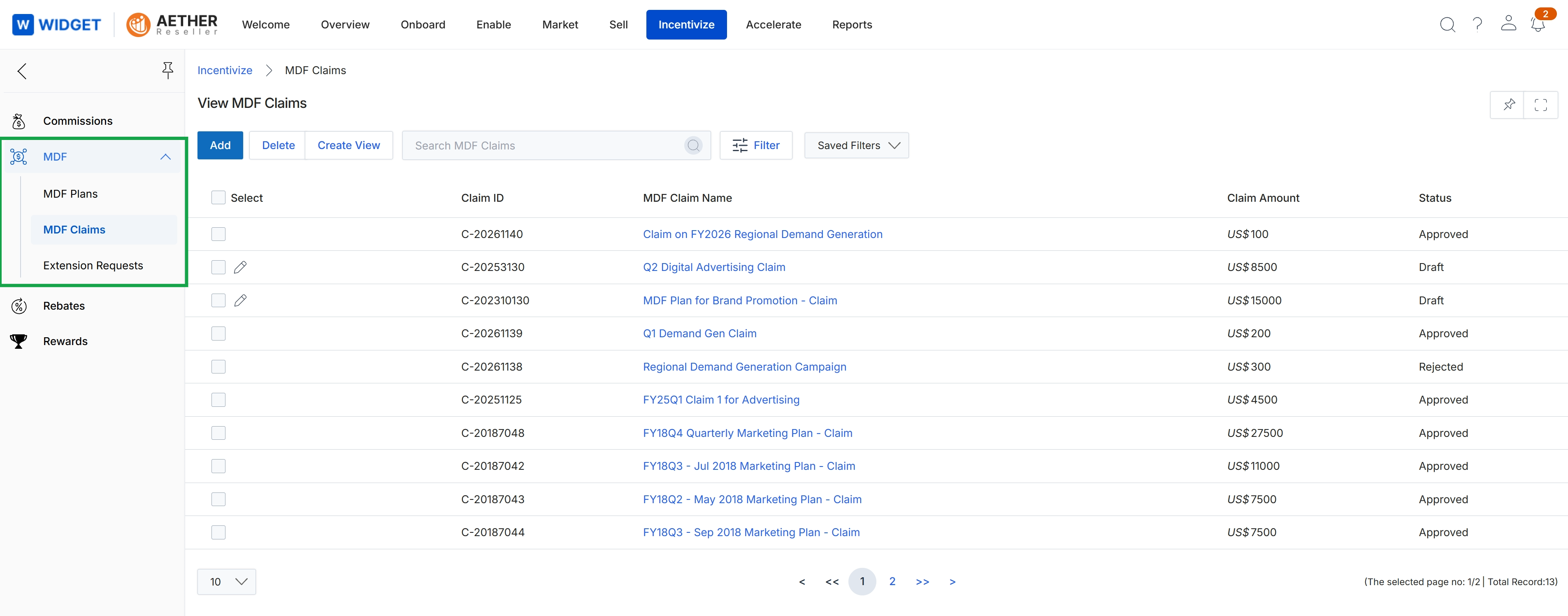 MDF Claims list view with left navigation expanded