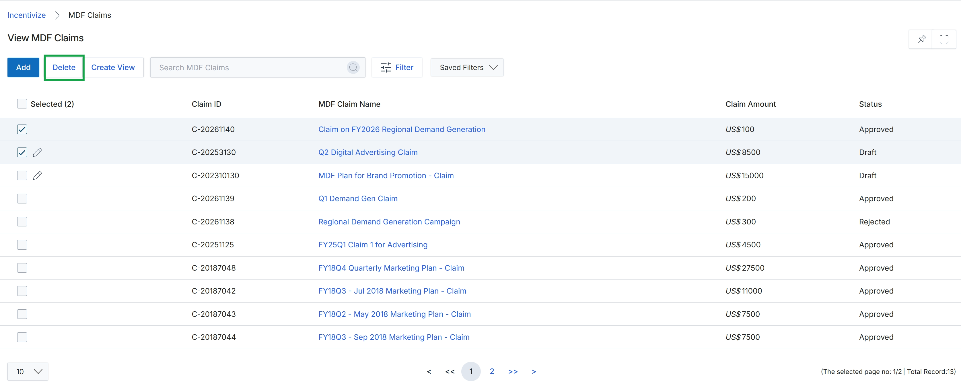 MDF Claims list with two items selected